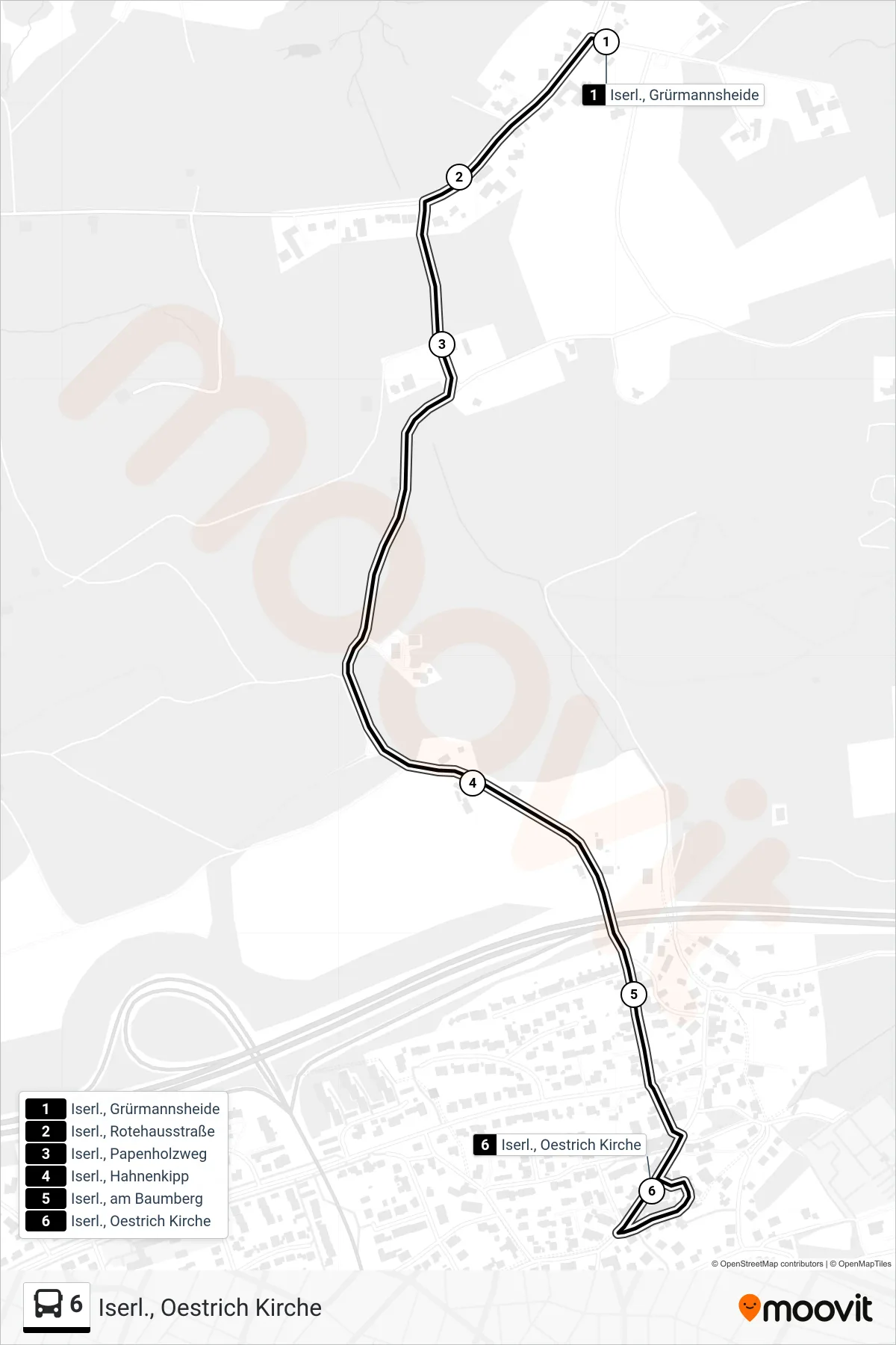 6 bus Line (Iserl., Oestrich Kirche) route and stops on a map