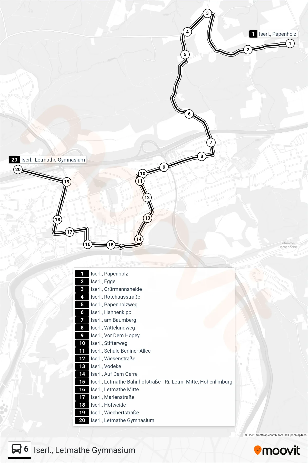6 bus Line (Iserl., Letmathe Gymnasium) route and stops on a map