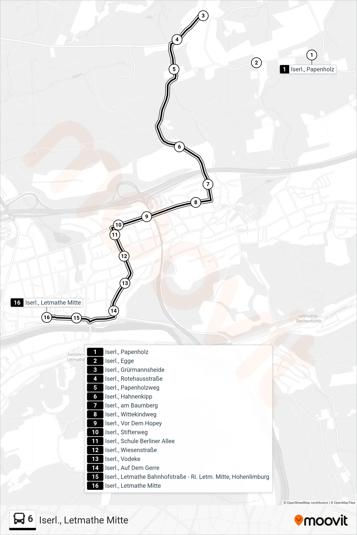 Linie 6 (Bus) Richtung Iserl., Letmathe Mitte: Route und Haltestellen auf der Karte