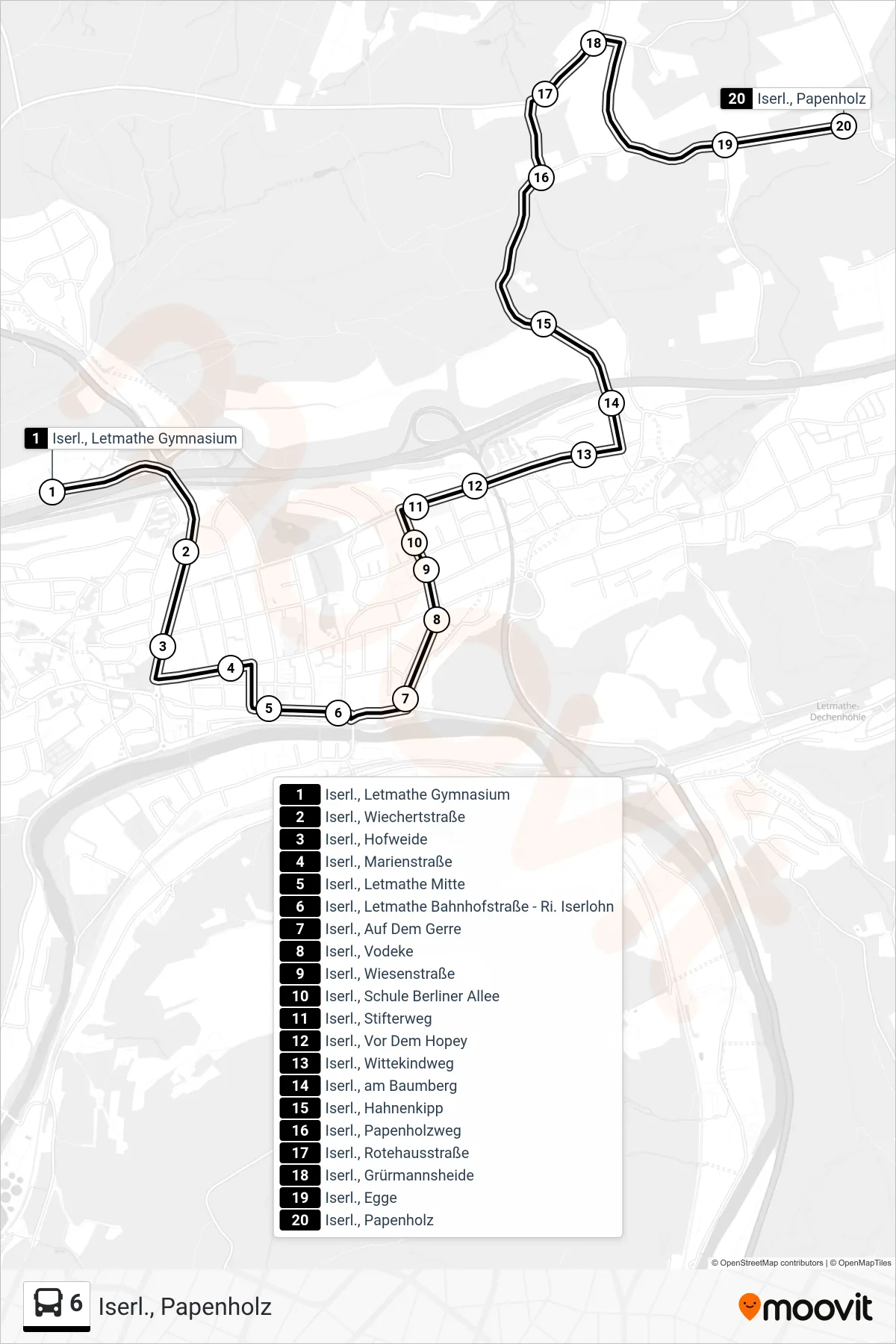 6 bus Line (Iserl., Papenholz) route and stops on a map