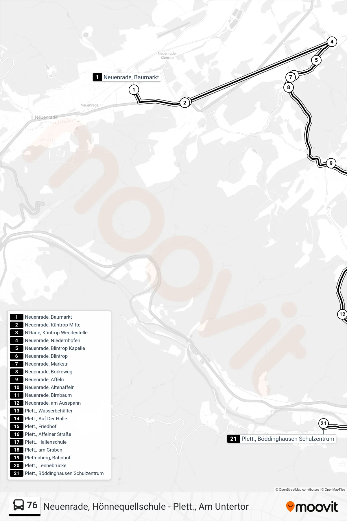 76 bus Line (Plett., Böddinghausen Schulzentrum) route and stops on a map