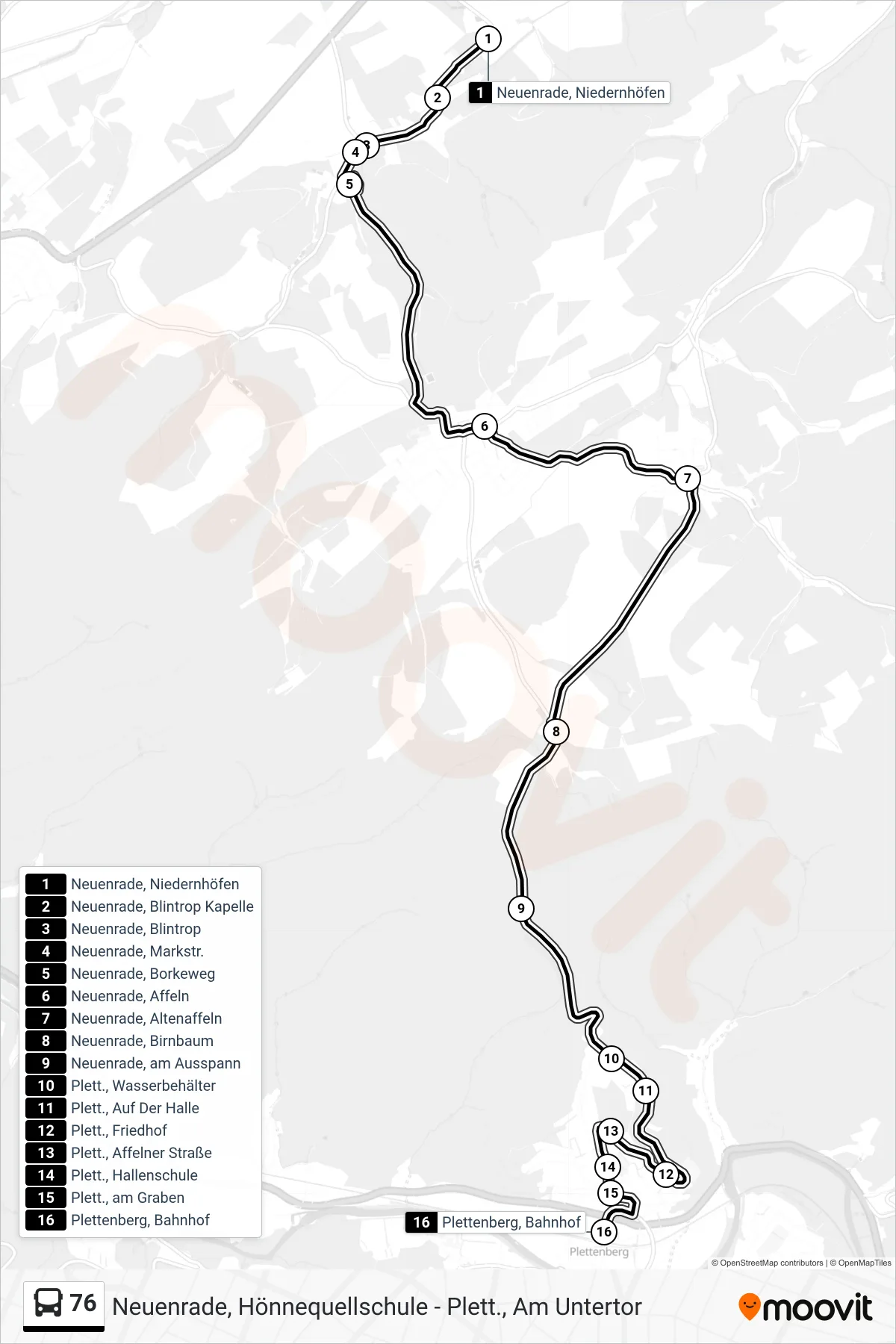 76 bus Line (Plettenberg, Bahnhof) route and stops on a map