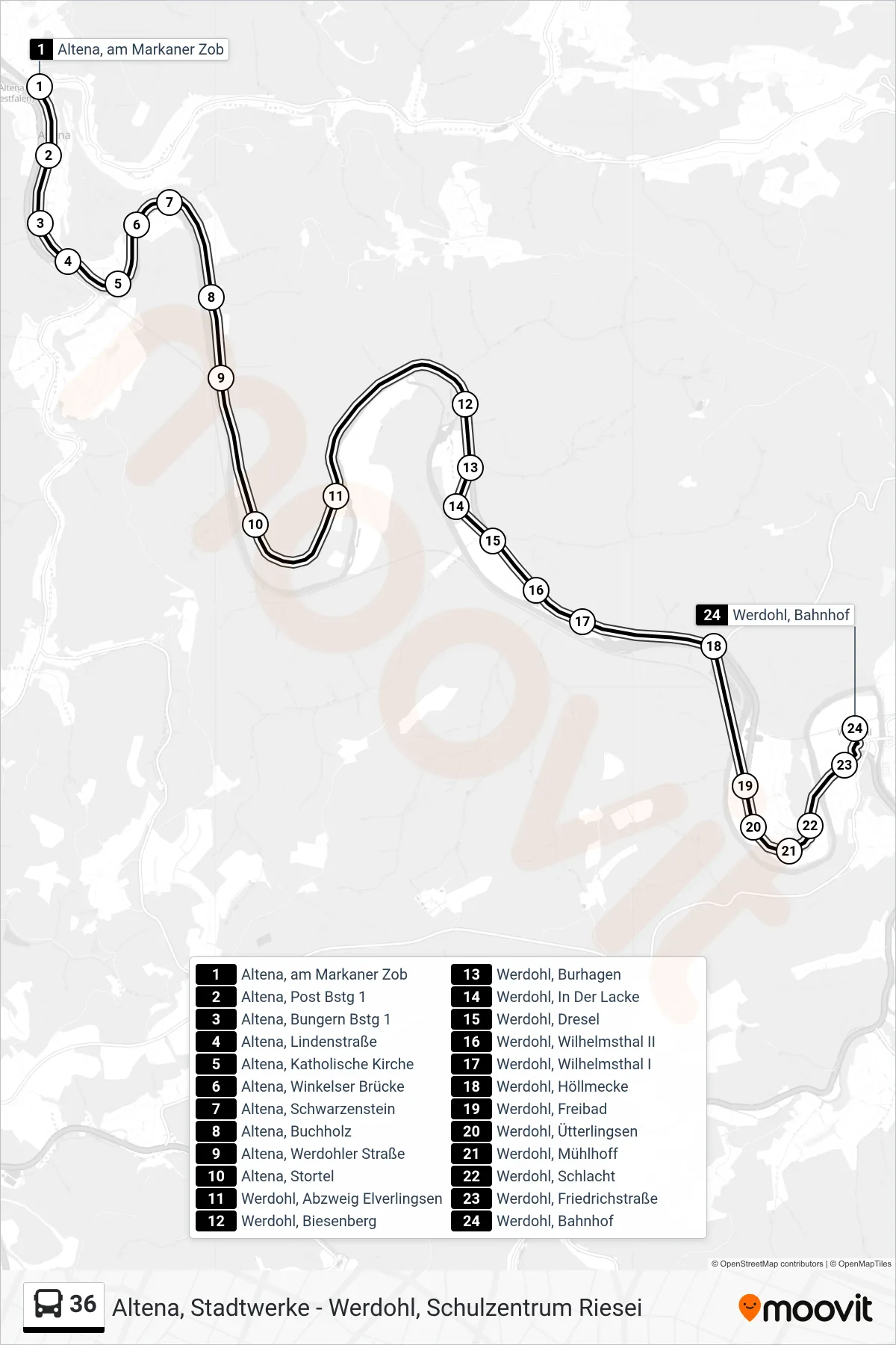 36 bus Line (Werdohl, Bahnhof) route and stops on a map