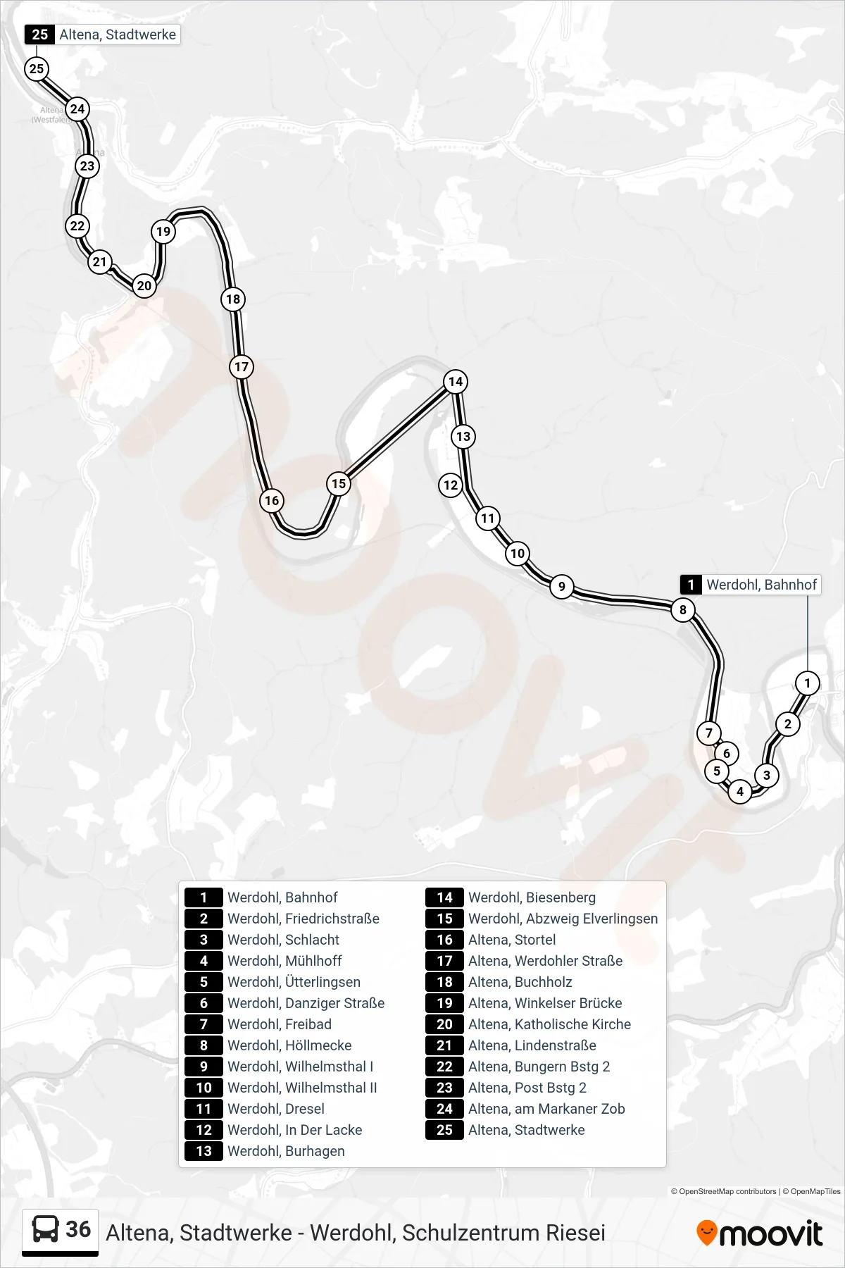 36 bus Line (Altena, Stadtwerke) route and stops on a map