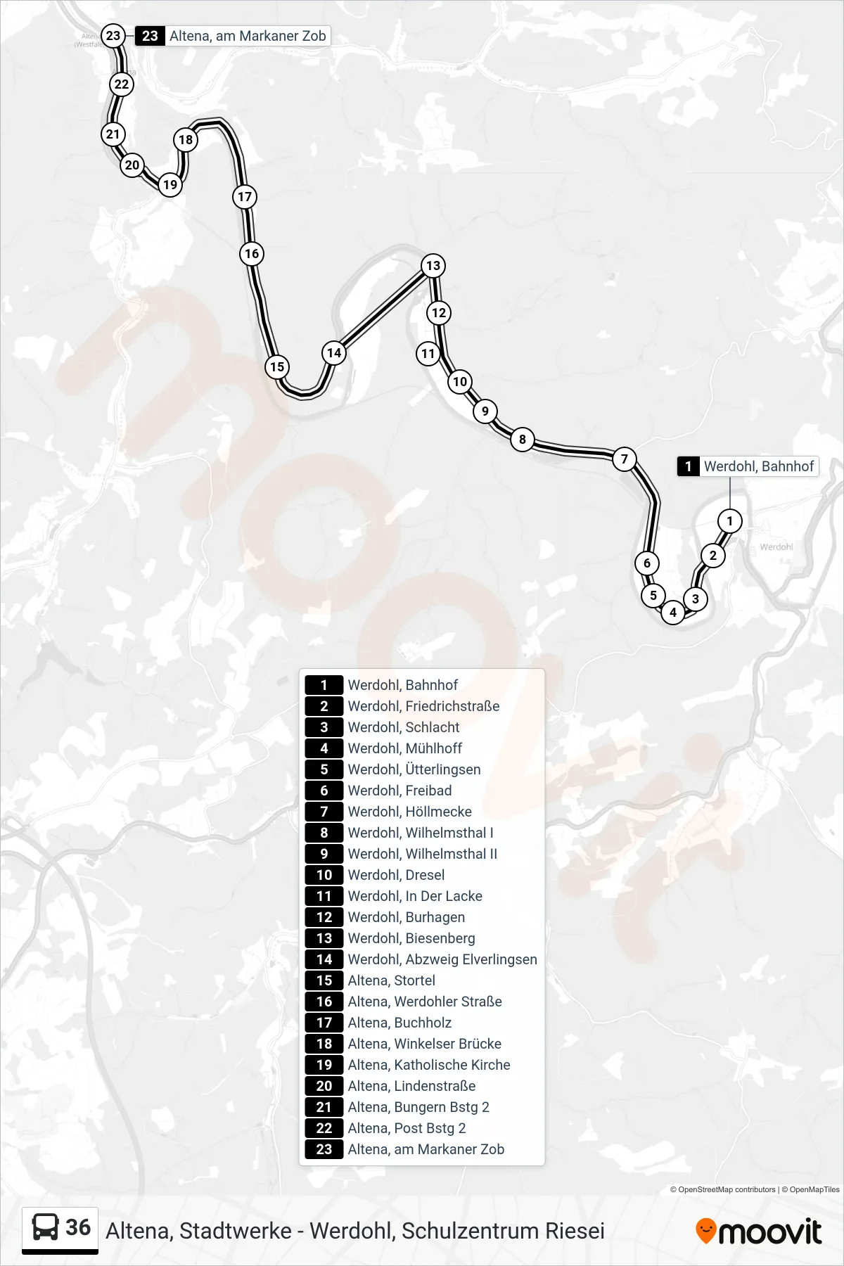 36 bus Line (Altena, am Markaner Zob - Steig 1) route and stops on a map