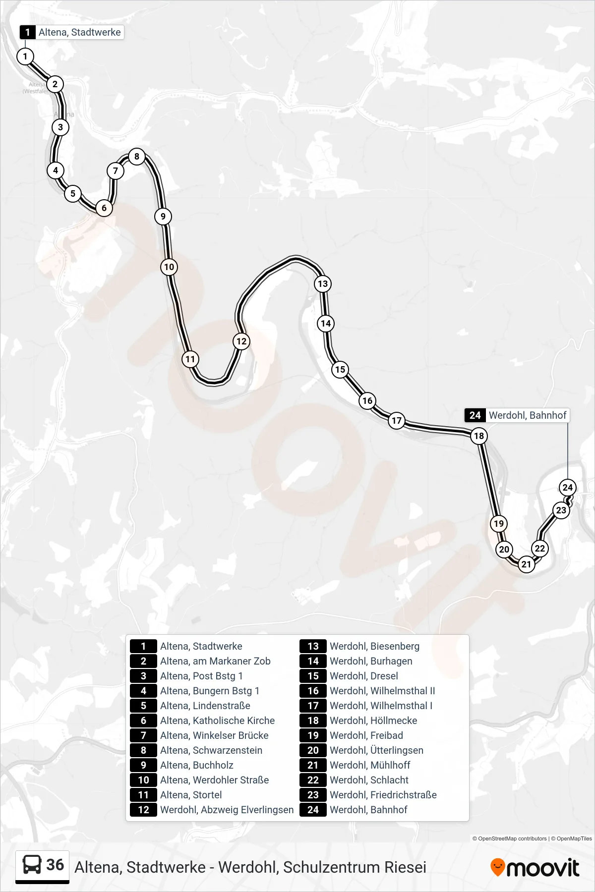 36 bus Line (Werdohl, Bahnhof - Steig 1) route and stops on a map