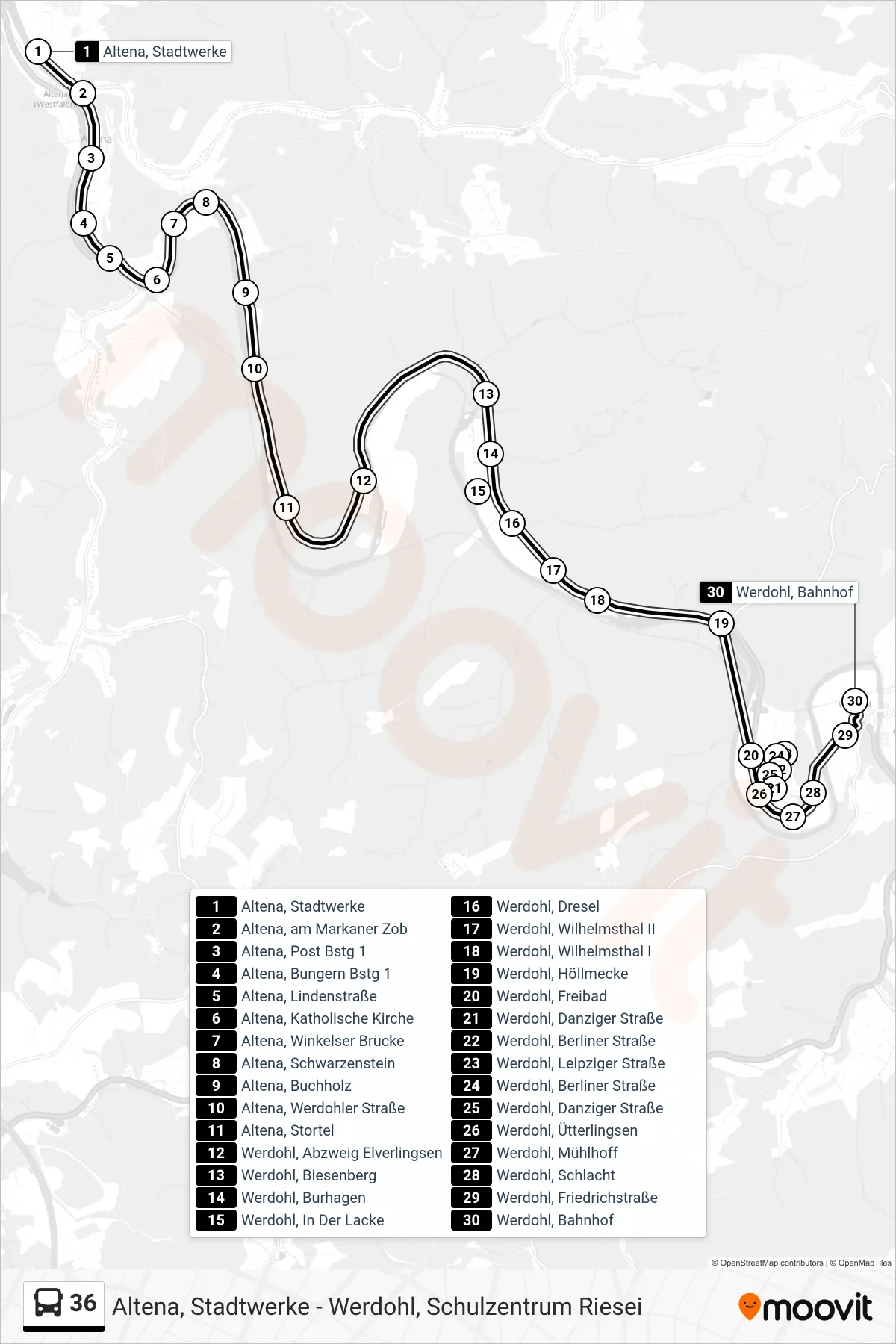 Linie 36 (Bus) Richtung Werdohl, Bahnhof - Steig 4: Route und Haltestellen auf der Karte