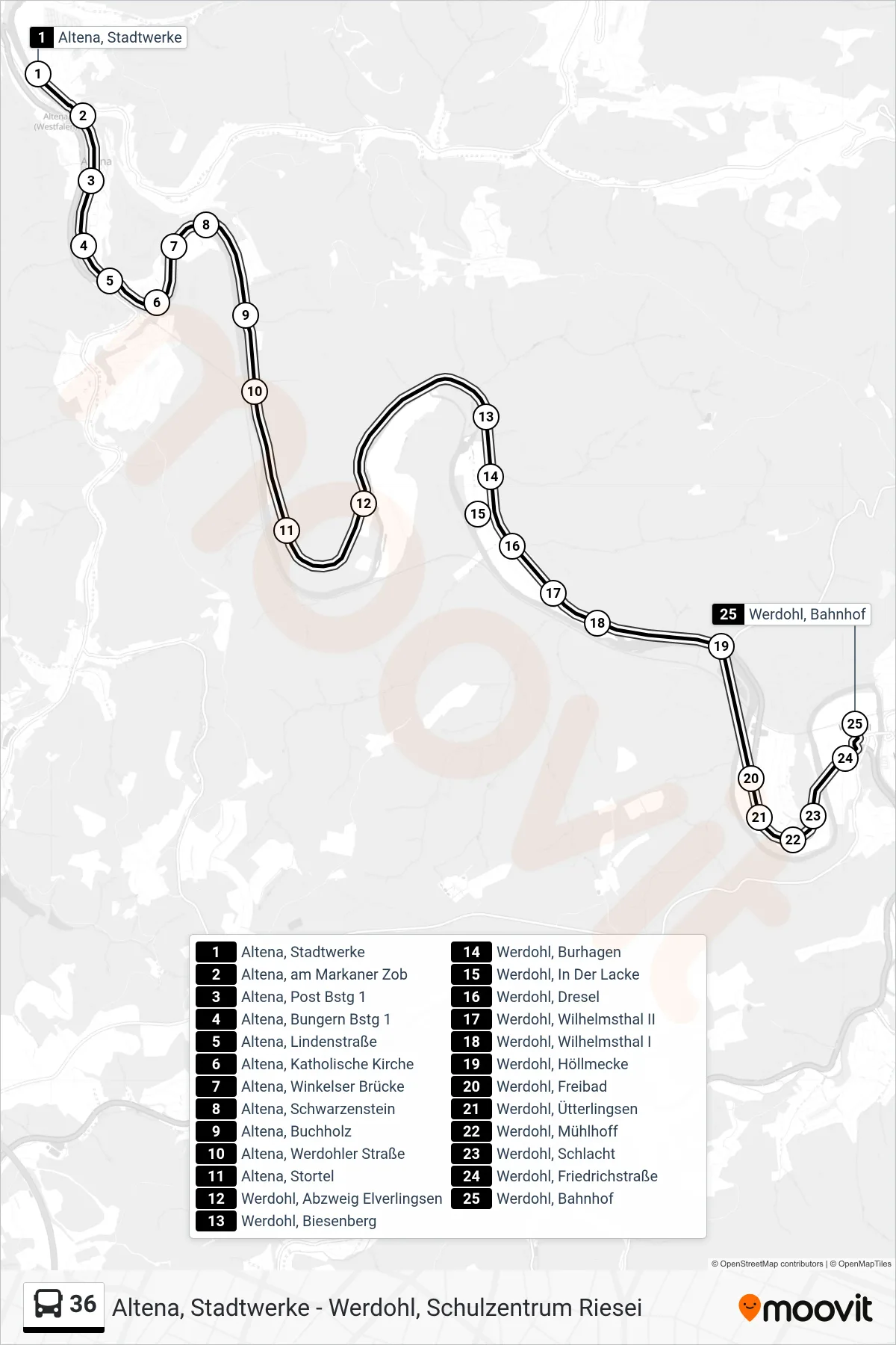 36 bus Line (Werdohl, Bahnhof - Steig 3) route and stops on a map