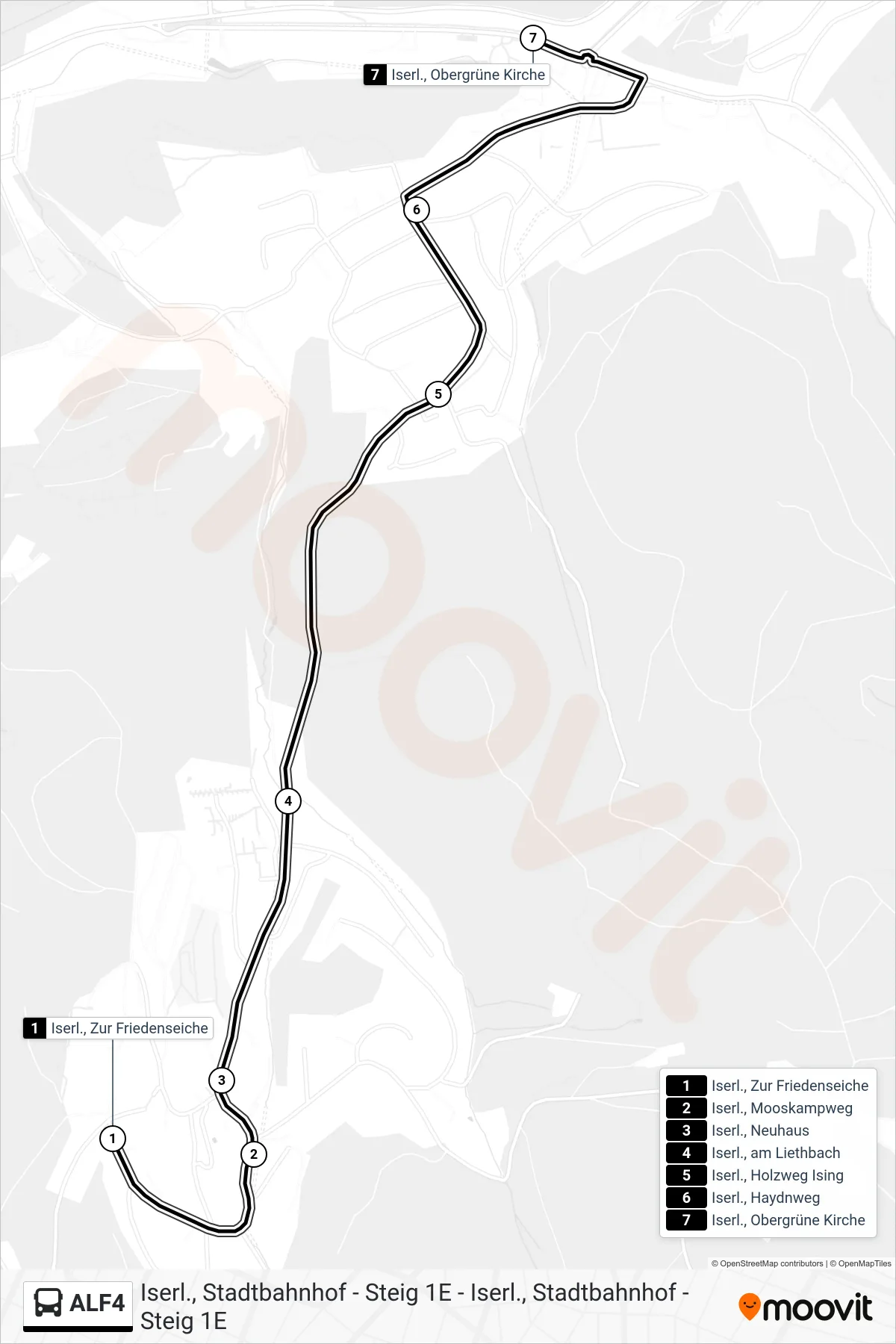 ALF4 bus Line (Iserl., Obergrüne Kirche) route and stops on a map