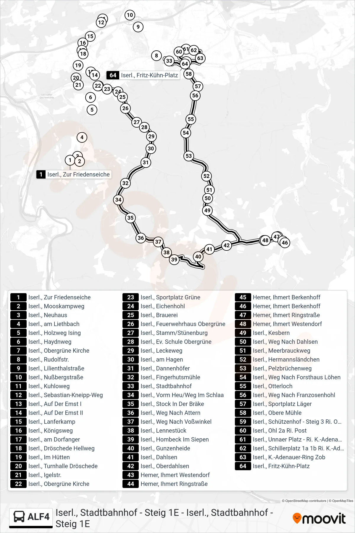 ALF4 bus Line (Iserl., Stadtbahnhof - Steig 1a) route and stops on a map