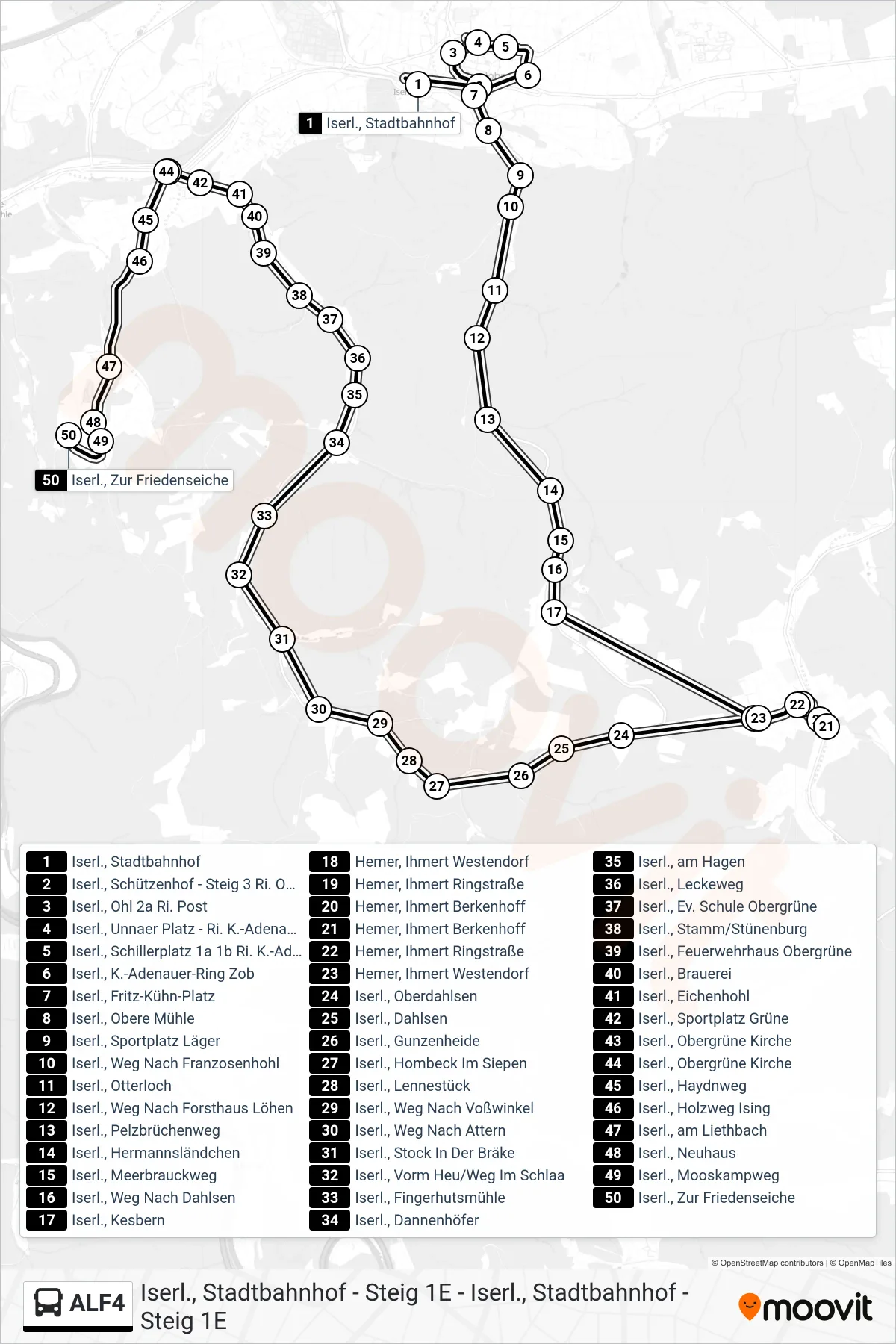 ALF4 bus Line (Iserl., Zur Friedenseiche) route and stops on a map