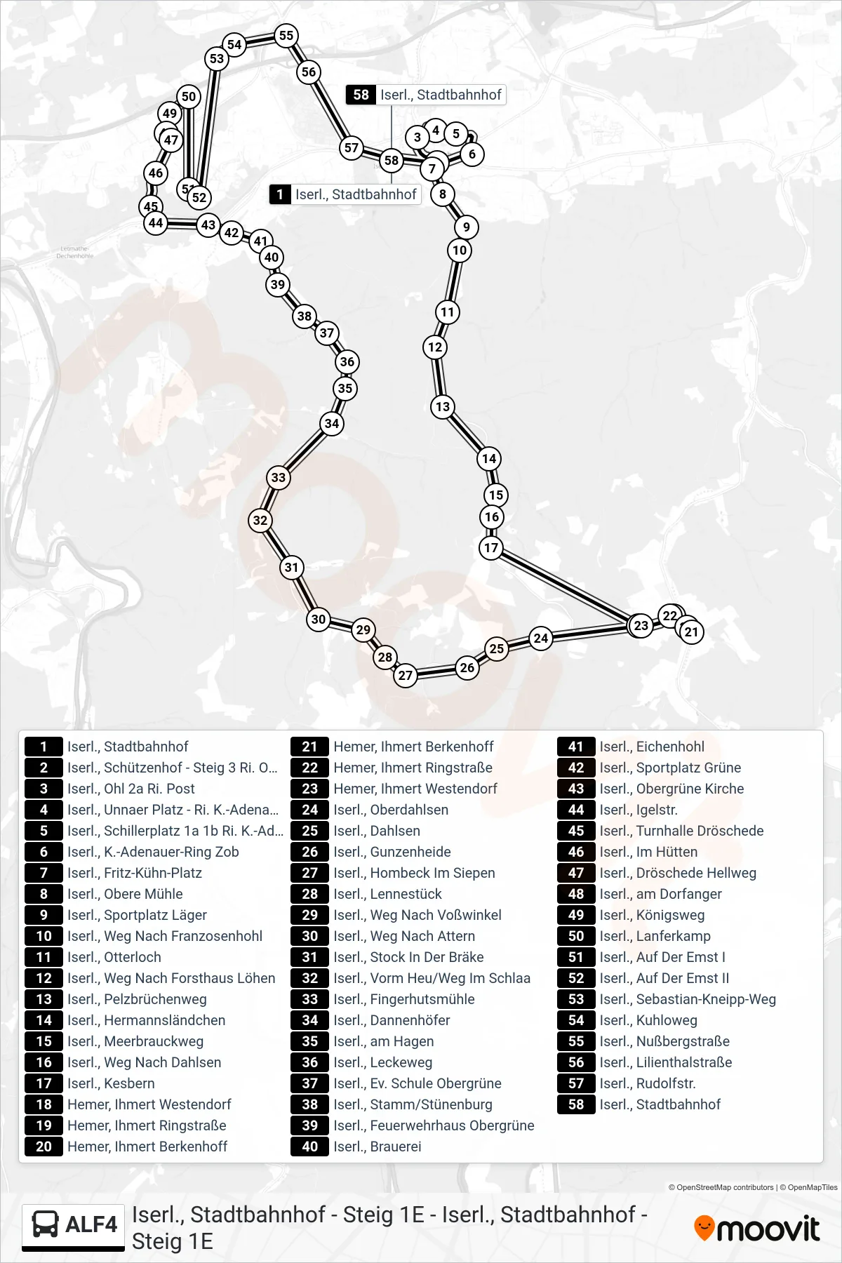 Linie ALF4 (Bus) Richtung Iserl., Stadtbahnhof - Steig 1e: Route und Haltestellen auf der Karte