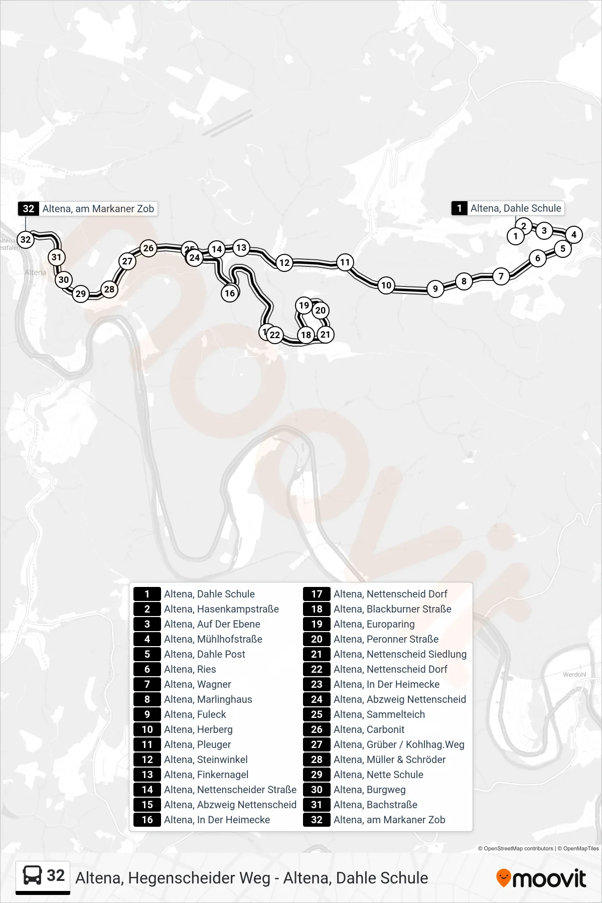 32 bus Line (Altena, am Markaner Zob - Steig 2) route and stops on a map