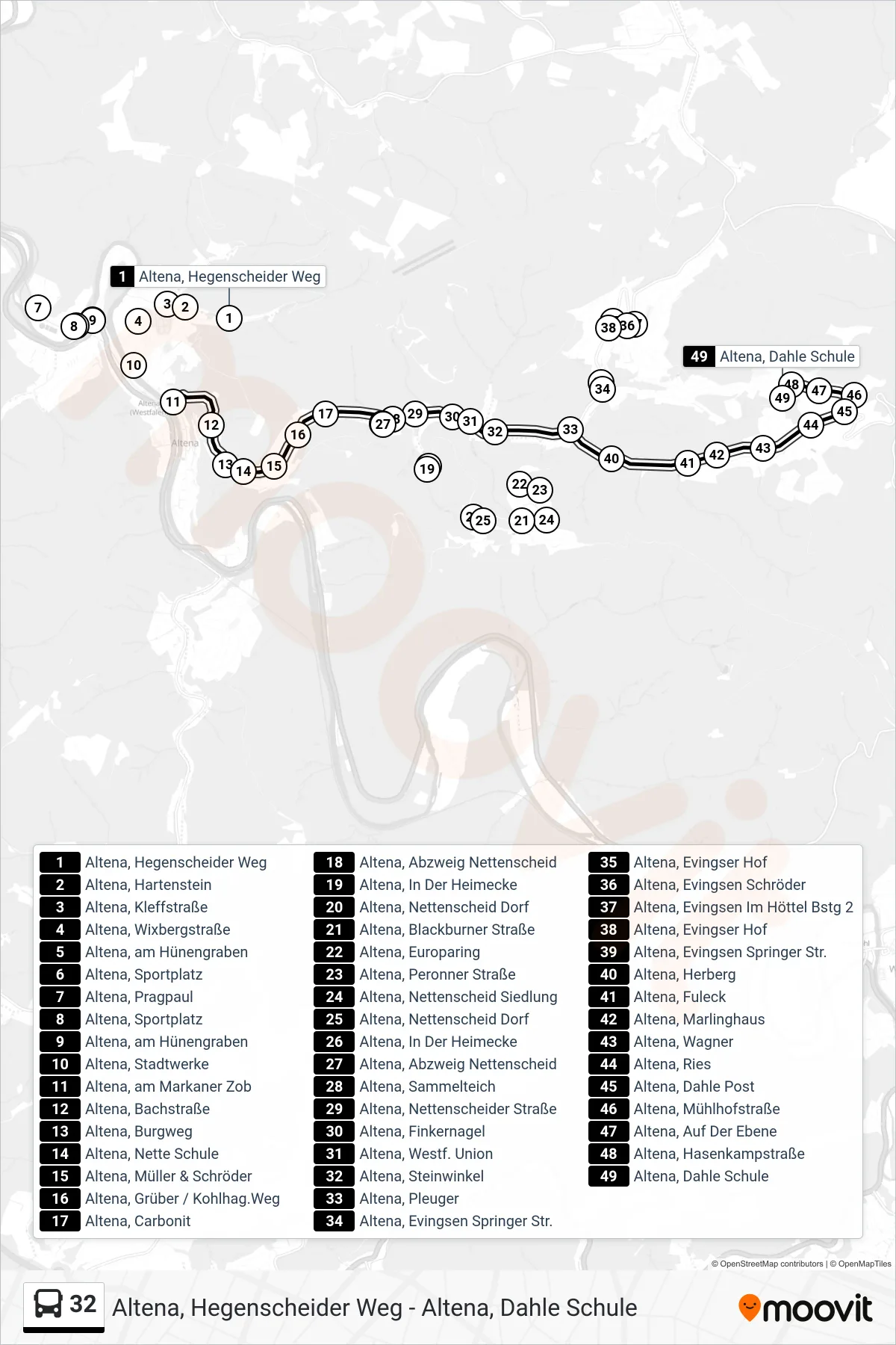 32 bus Line (Altena, Dahle Schule) route and stops on a map