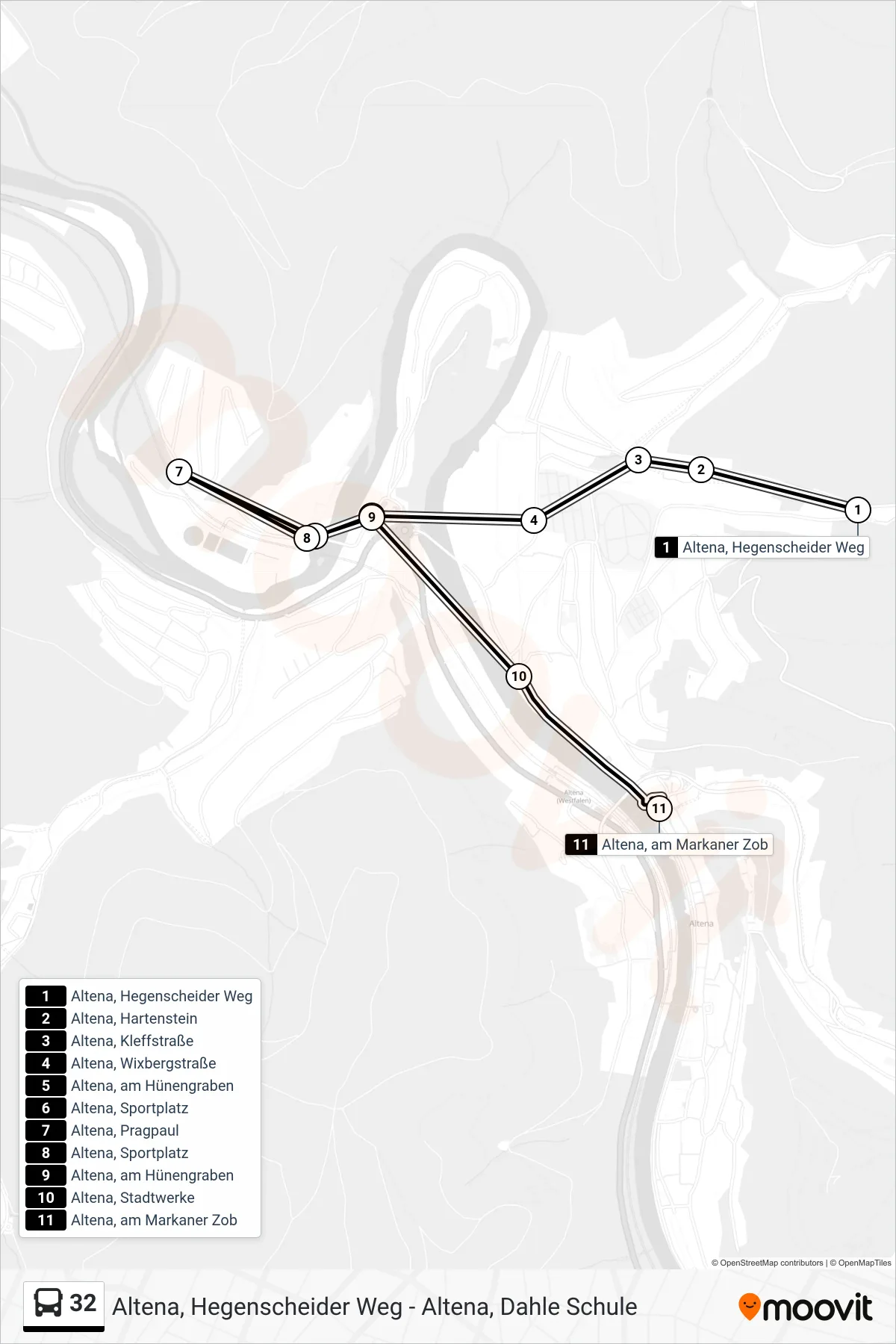 32 bus Line (Altena, am Markaner Zob - Steig 2) route and stops on a map