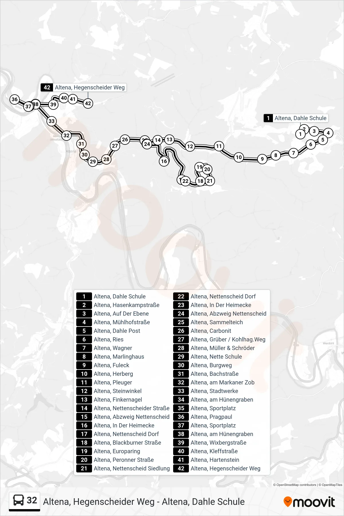 32 bus Line (Altena, Hegenscheider Weg) route and stops on a map