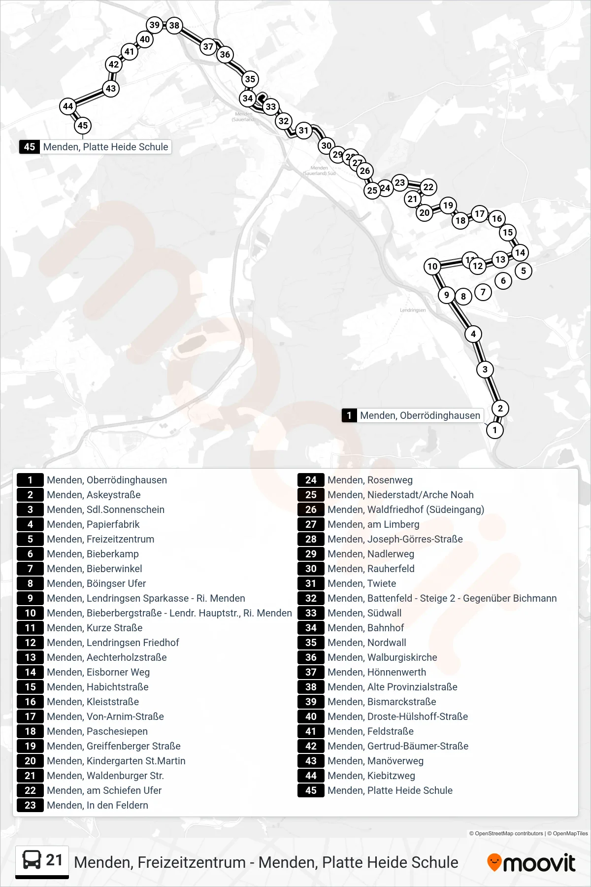 21 bus Line (Menden, Platte Heide Schule) route and stops on a map
