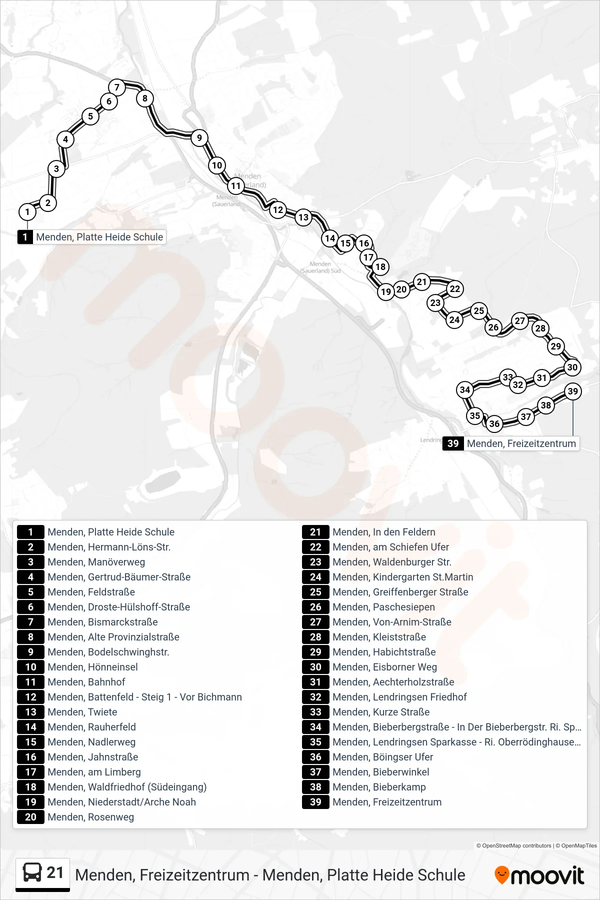 21 bus Line (Menden, Freizeitzentrum) route and stops on a map