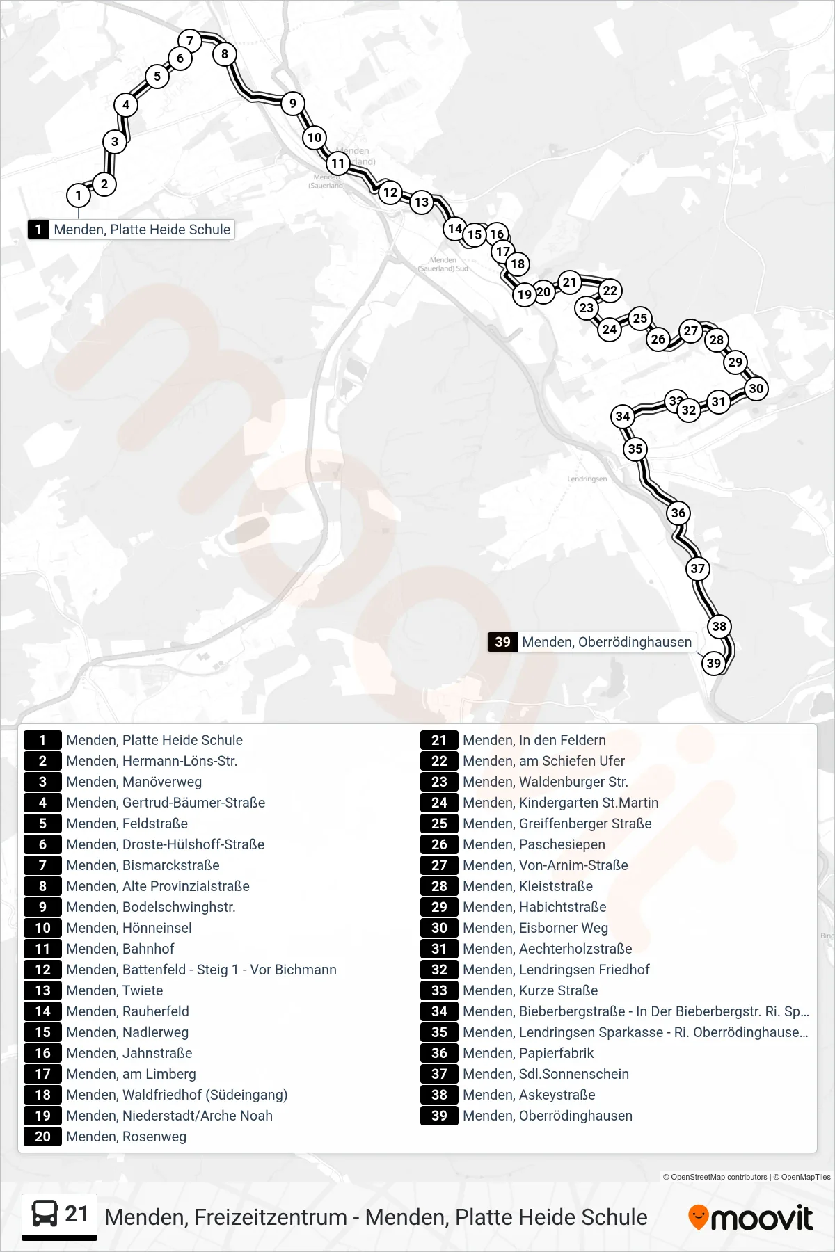 Linie 21 (Bus) Richtung Menden, Oberrödinghausen: Route und Haltestellen auf der Karte