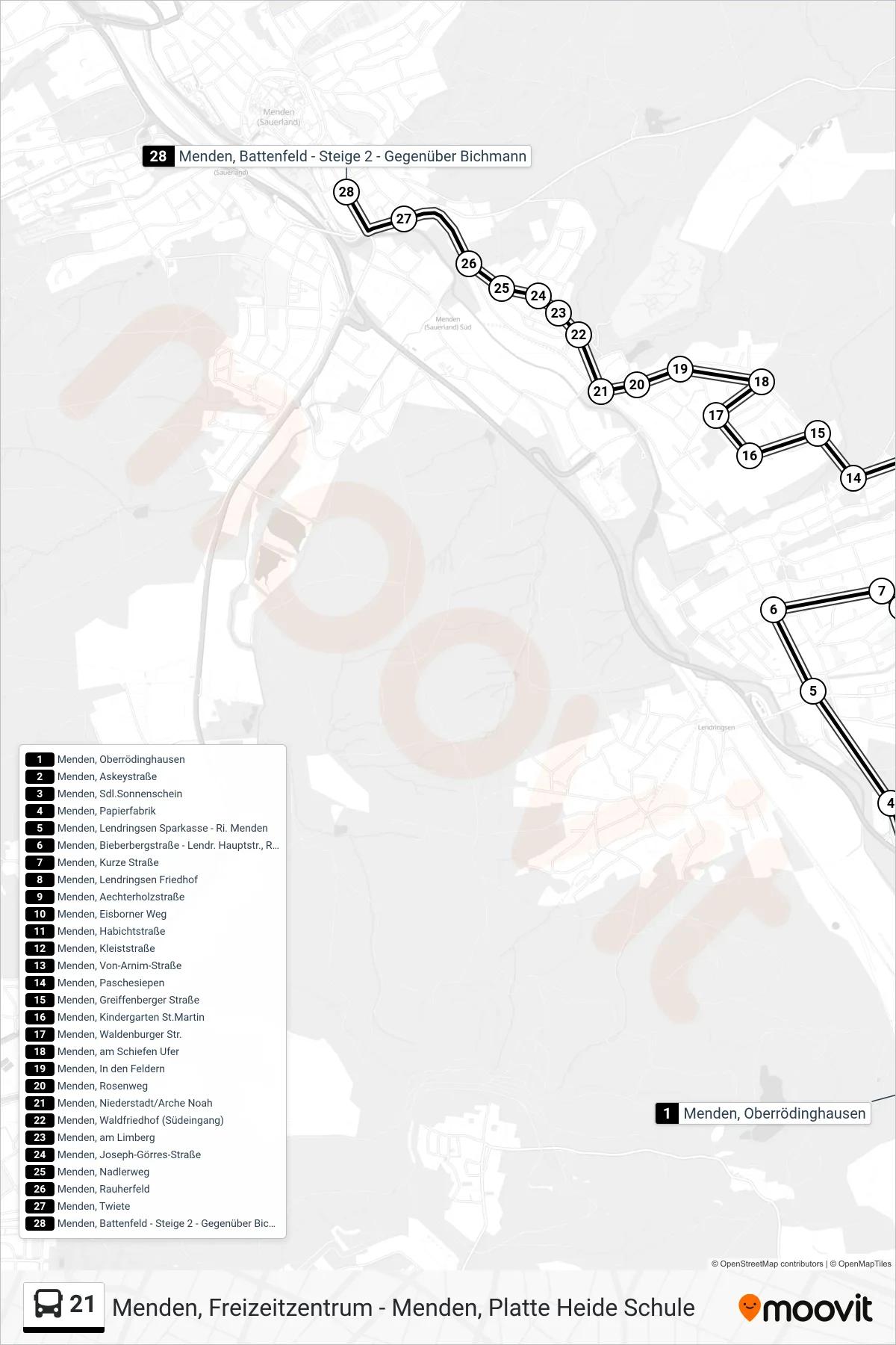 21 bus Line (Menden, Battenfeld - Steige 2 - Gegenüber Bichmann) route and stops on a map