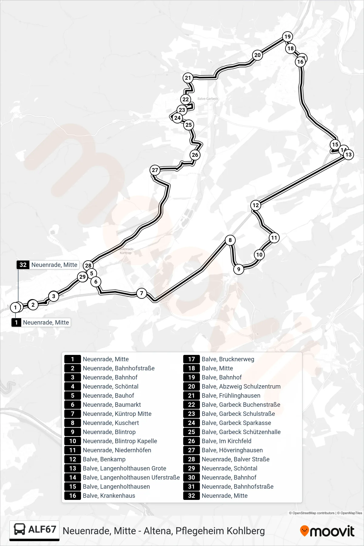 ALF67 bus Line (Neuenrade, Mitte) route and stops on a map