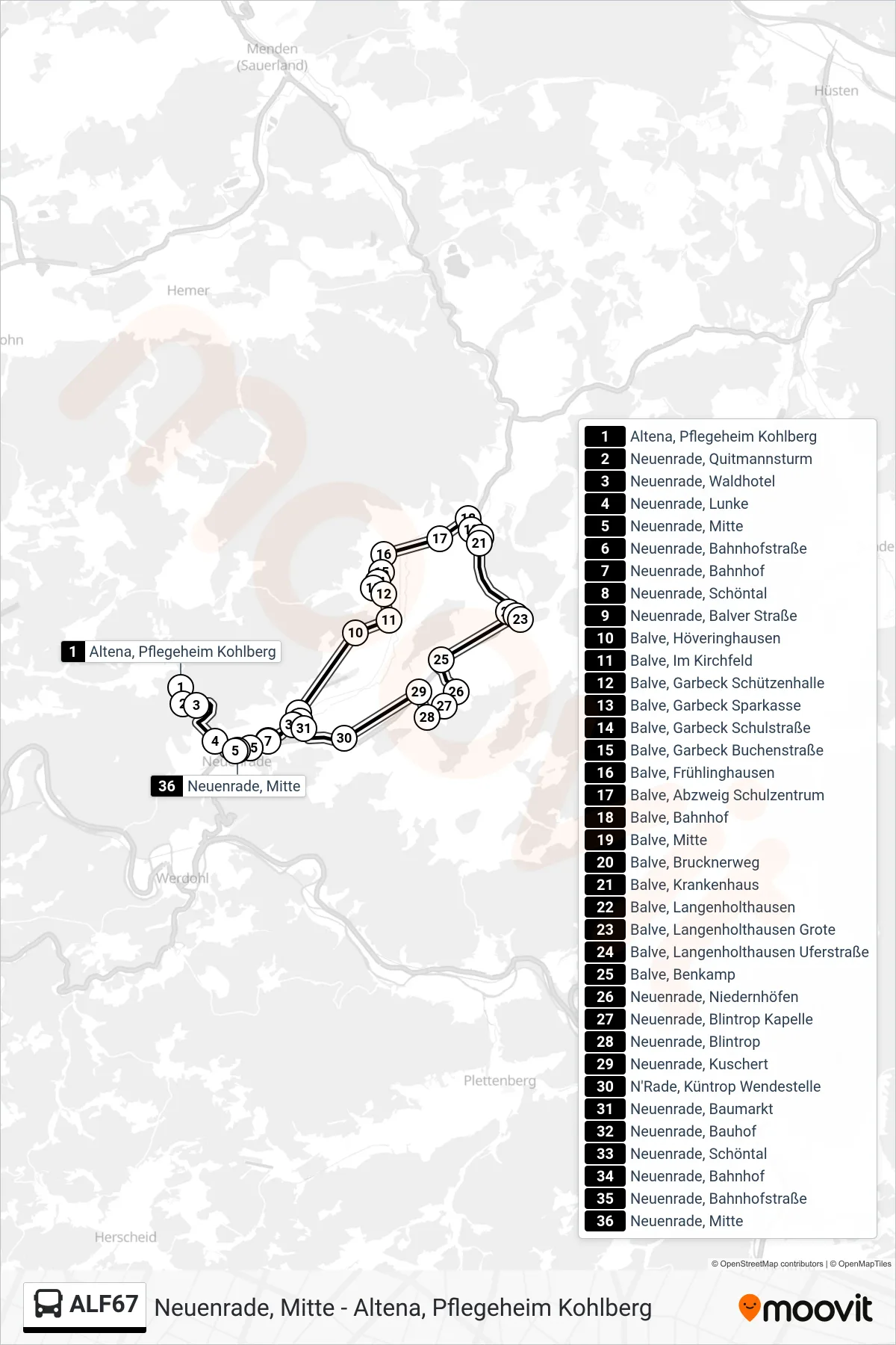 Linie ALF67 (Bus) Richtung Neuenrade, Mitte: Route und Haltestellen auf der Karte