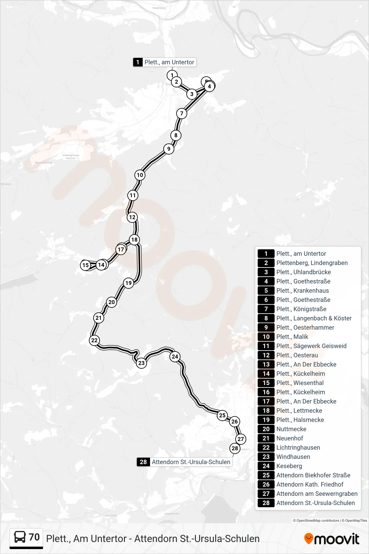 70 bus Line (Attendorn St.-Ursula-Schulen) route and stops on a map