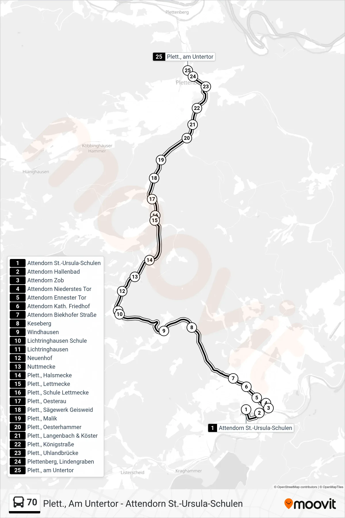 Linie 70 (Bus) Richtung Plett., am Untertor: Route und Haltestellen auf der Karte