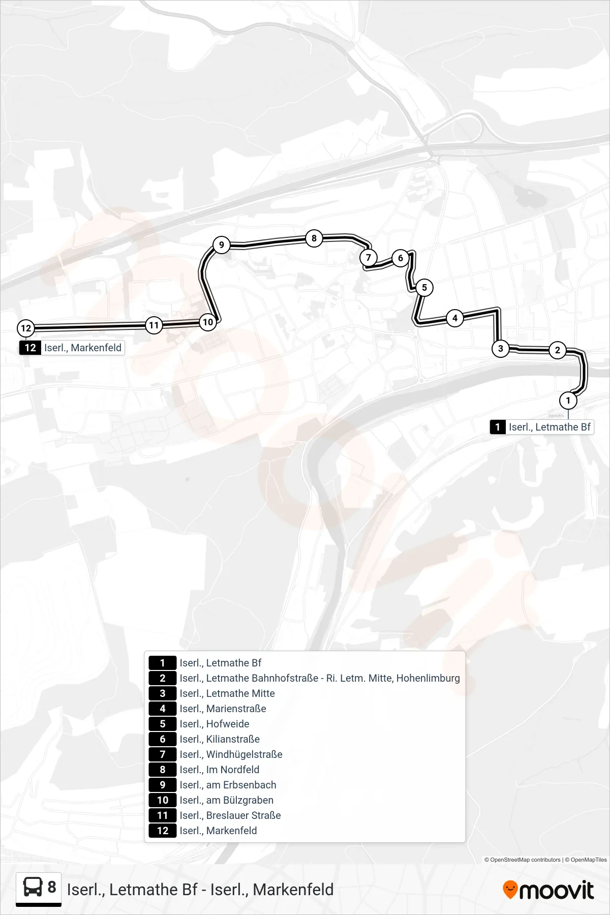 Linie 8 (Bus) Richtung Iserl., Markenfeld: Route und Haltestellen auf der Karte