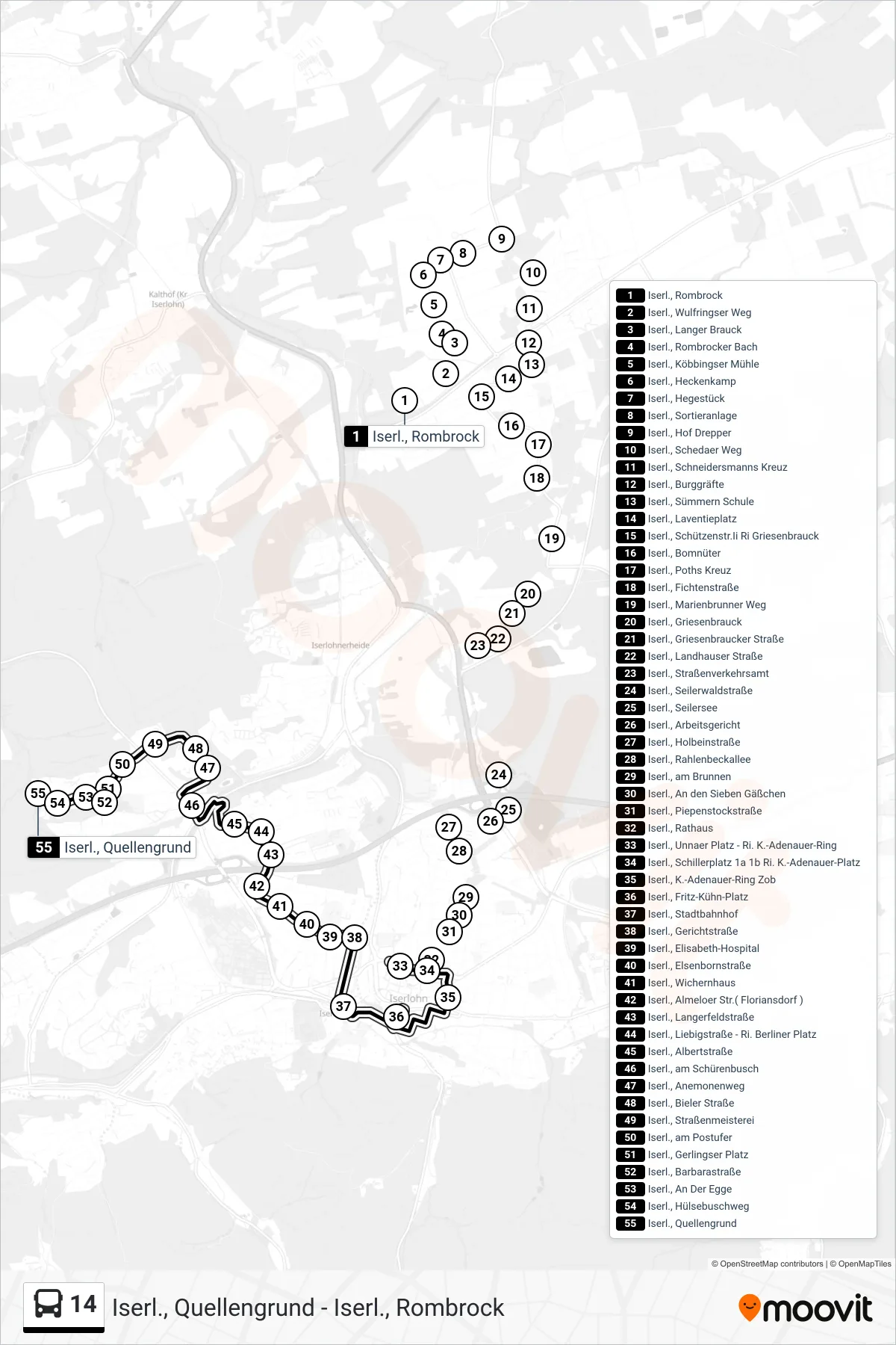 14 bus Line (Iserl., Quellengrund) route and stops on a map