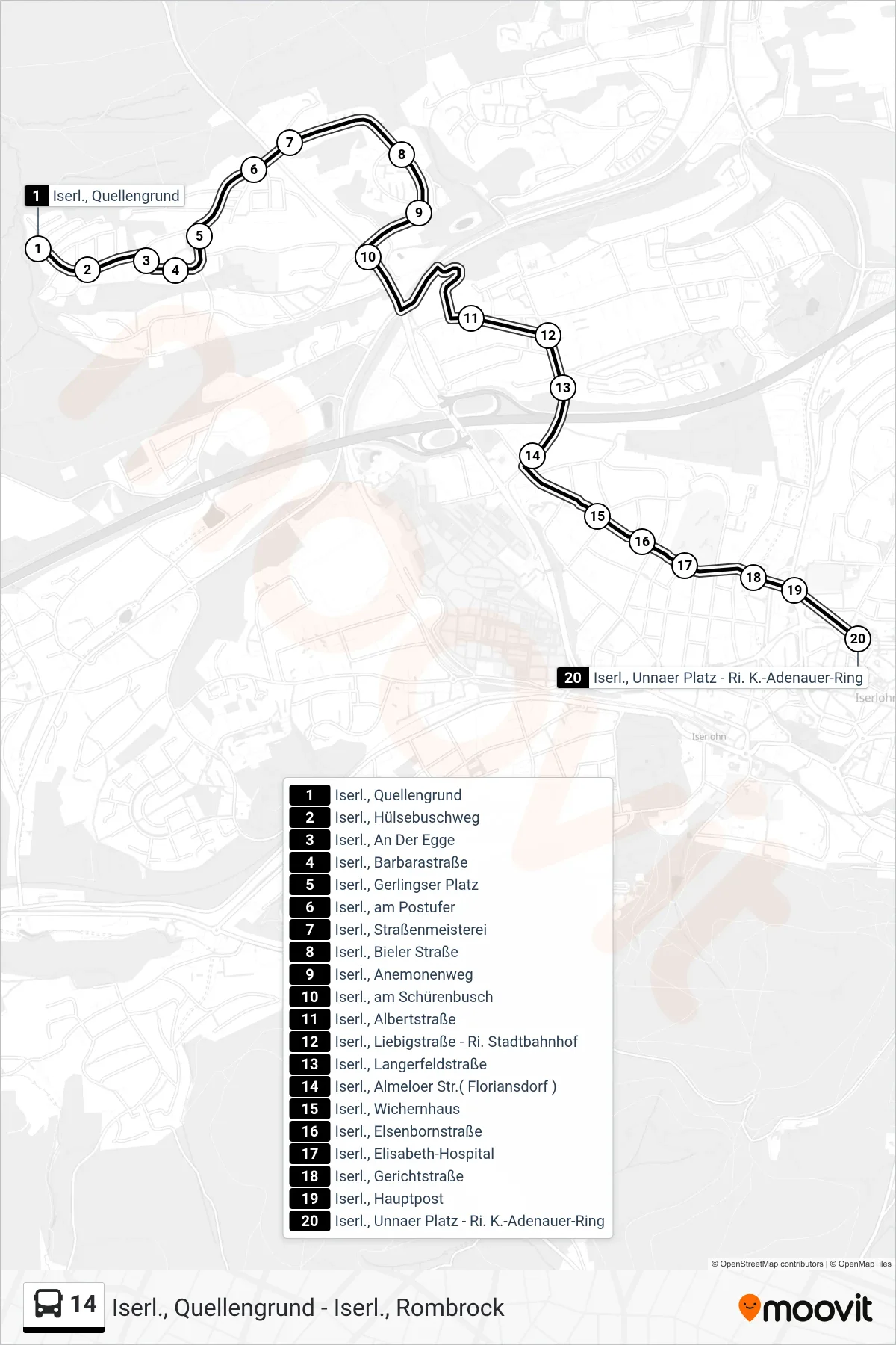 14 bus Line (Iserl., Unnaer Platz - Ri. K.-Adenauer-Ring) route and stops on a map