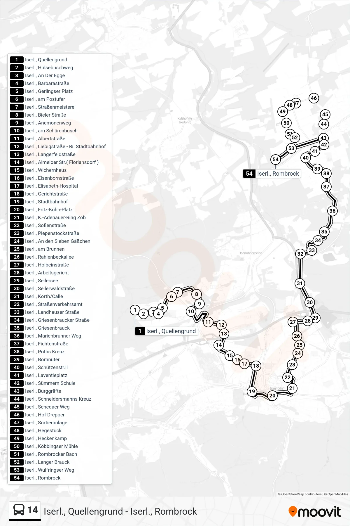 14 bus Line (Iserl., Rombrock) route and stops on a map