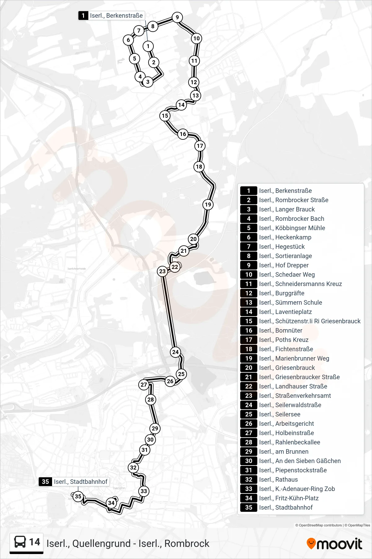 14 bus Line (Iserl., Stadtbahnhof - Steig 3) route and stops on a map