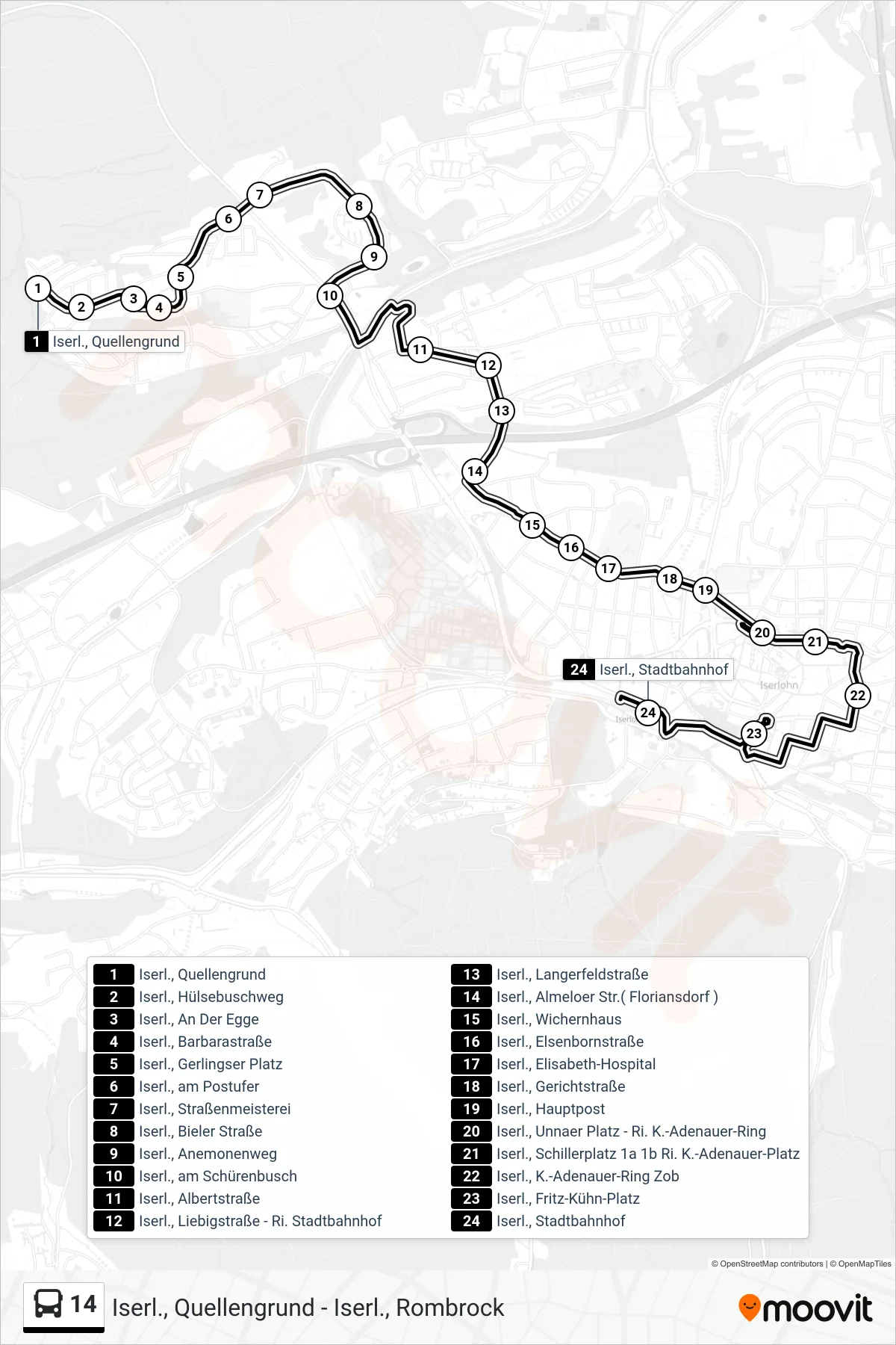 Linie 14 (Bus) Richtung Iserl., Stadtbahnhof - Steig 1f - Nur Ausstieg: Route und Haltestellen auf der Karte