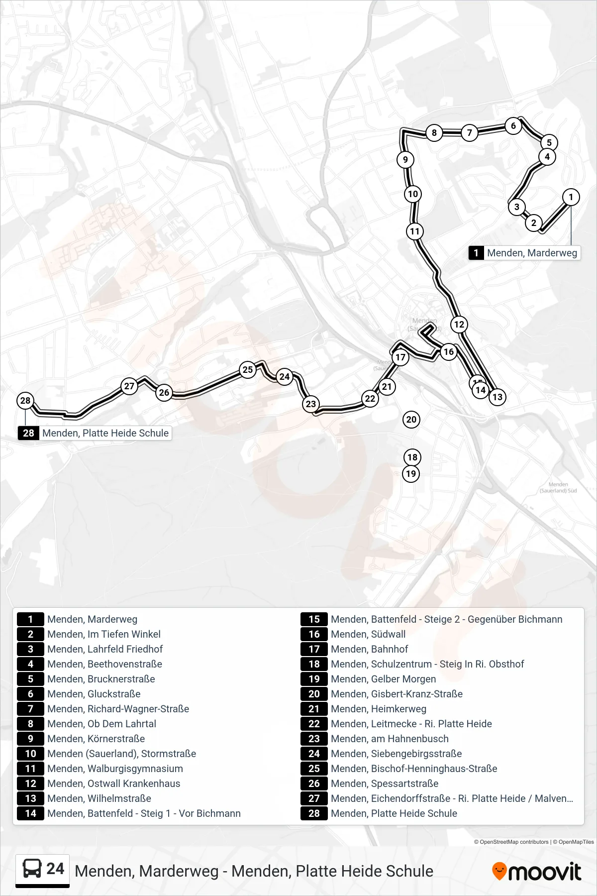 24 bus Line (Menden, Platte Heide Schule) route and stops on a map
