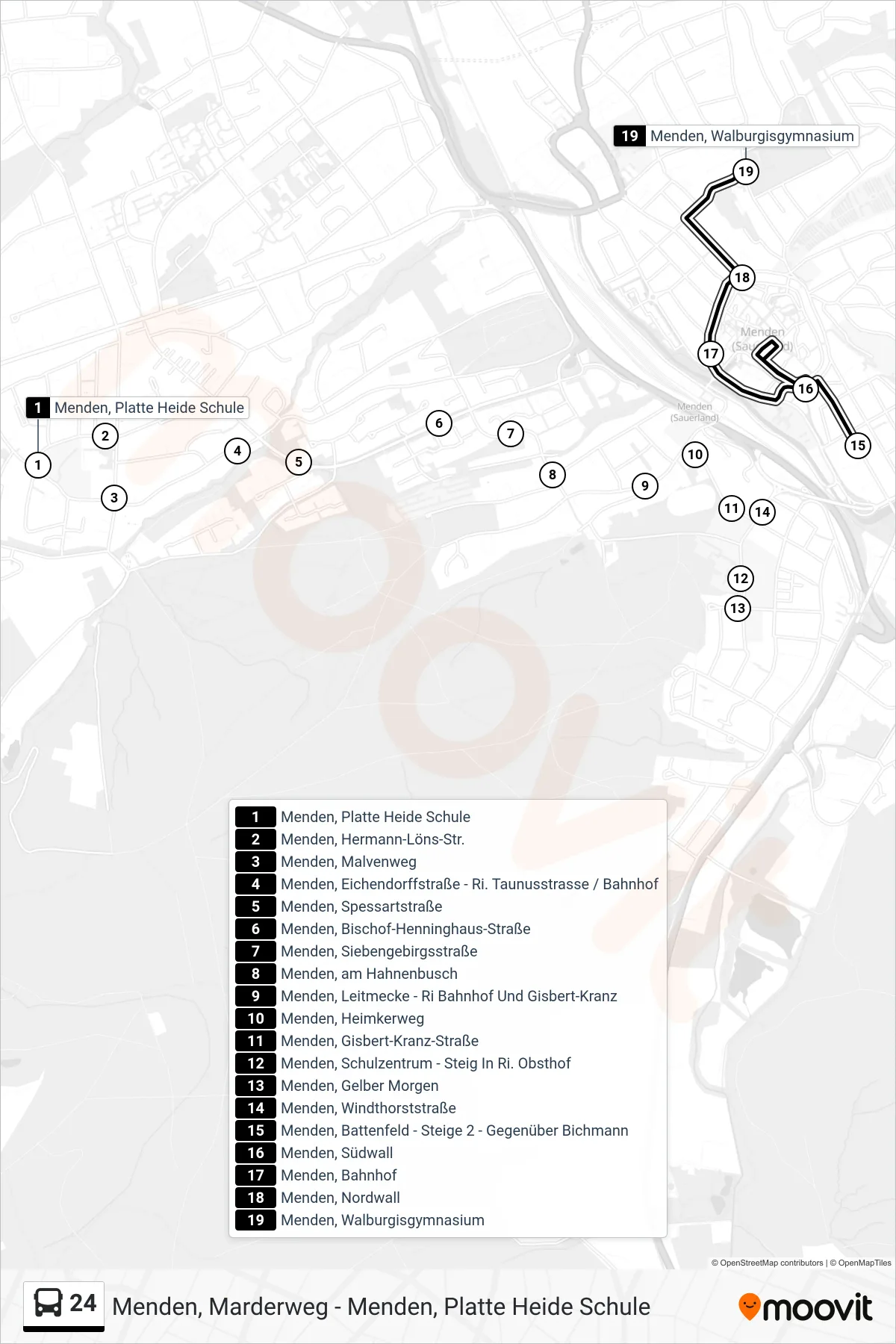 24 bus Line (Menden, Walburgisgymnasium) route and stops on a map