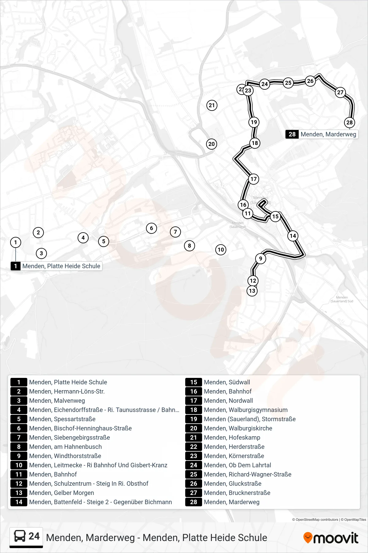 24 bus Line (Menden, Marderweg) route and stops on a map