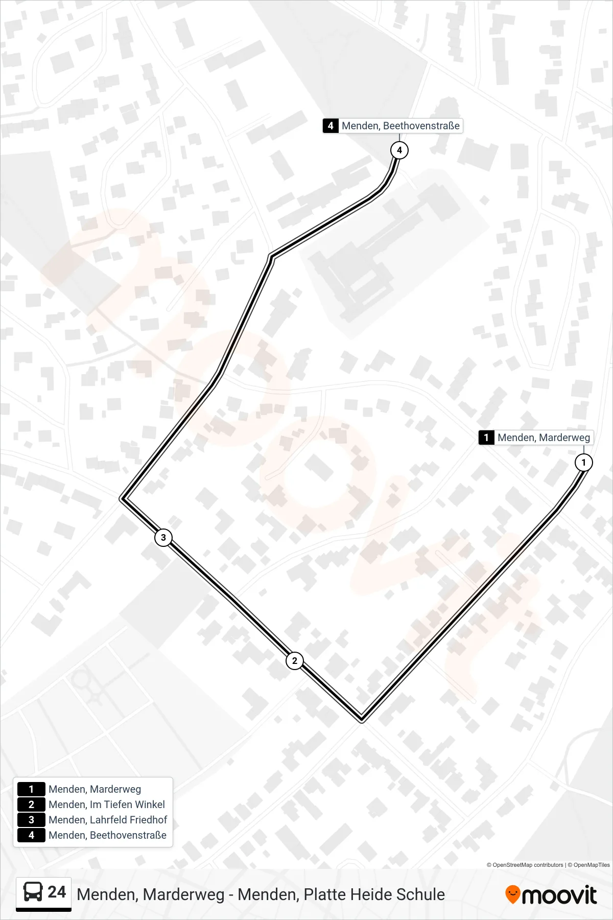 24 bus Line (Menden, Beethovenstraße) route and stops on a map