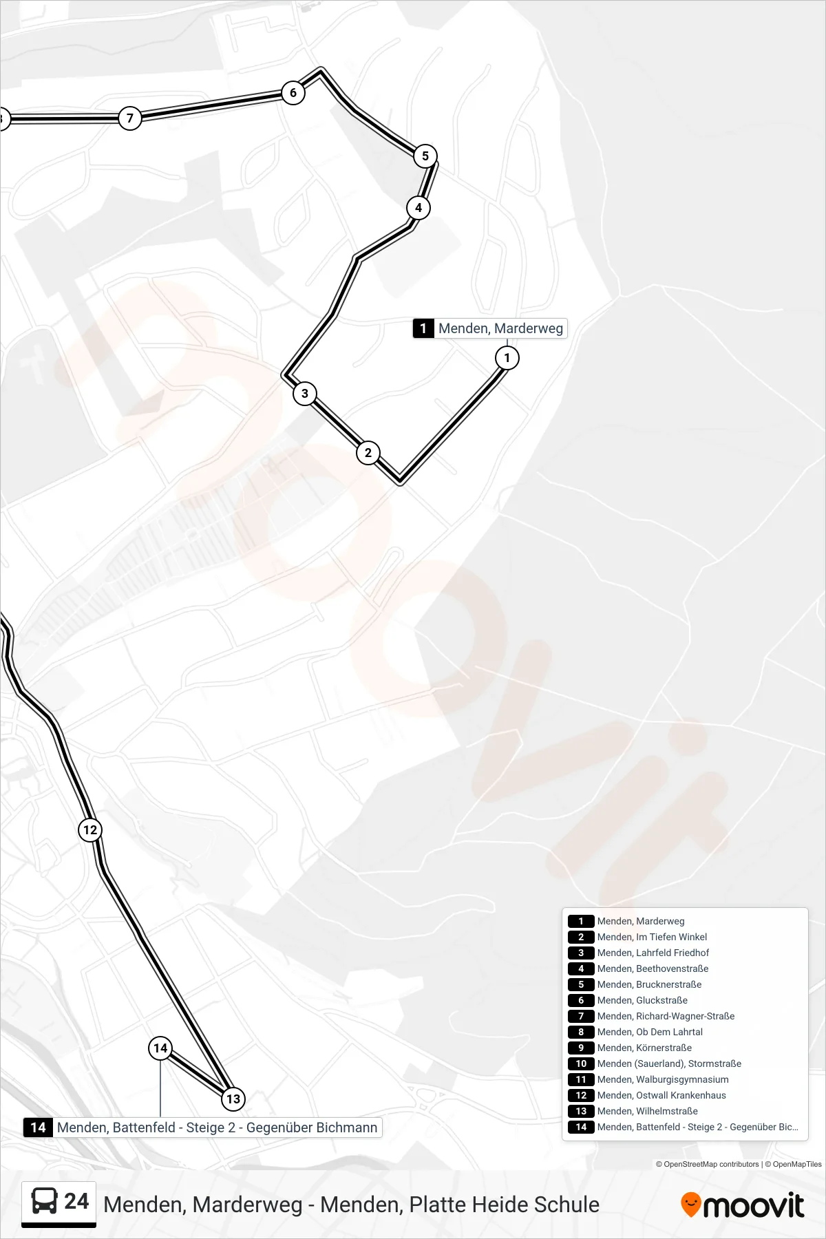 24 bus Line (Menden, Battenfeld - Steige 2 - Gegenüber Bichmann) route and stops on a map