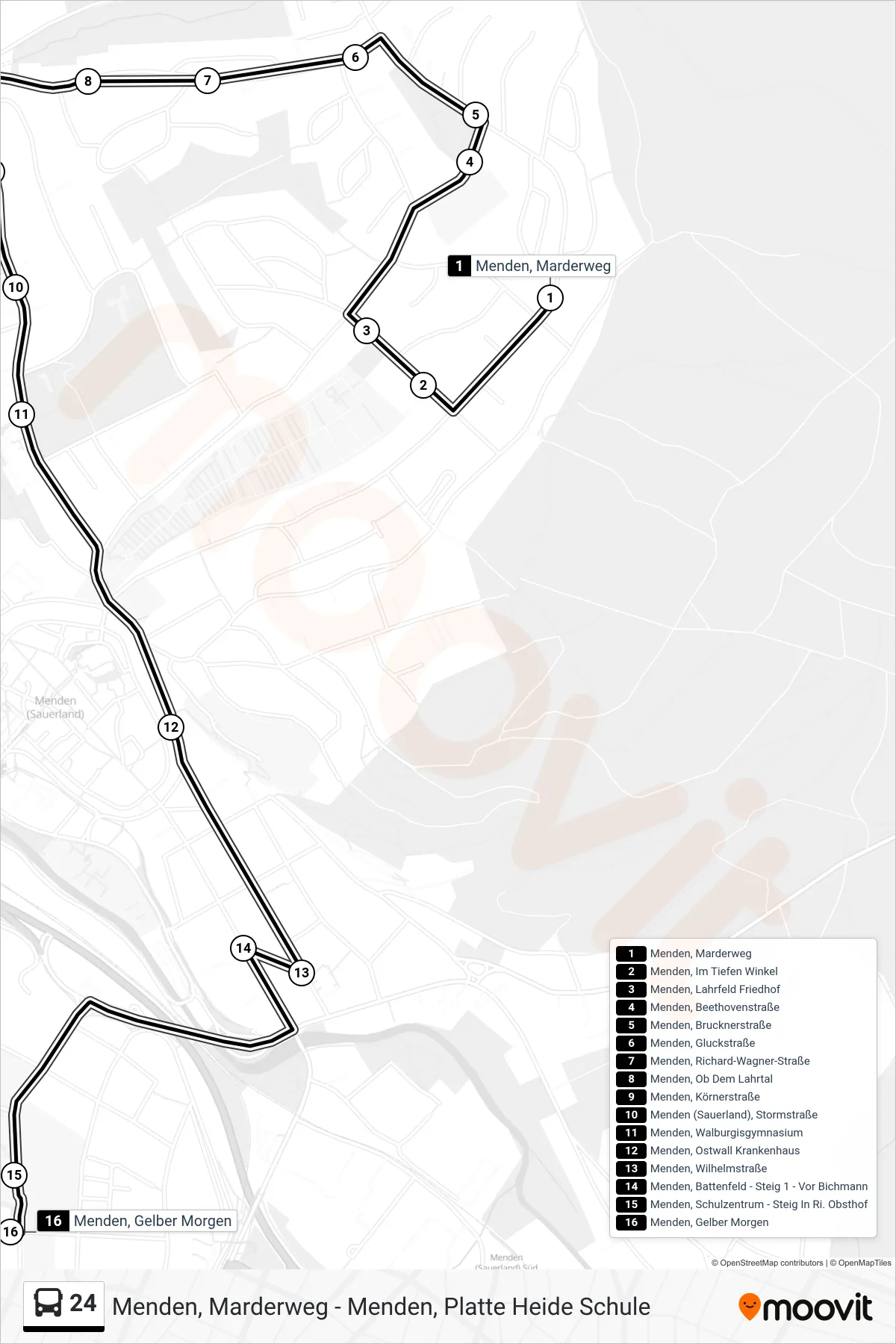 Linie 24 (Bus) Richtung Menden, Gelber Morgen: Route und Haltestellen auf der Karte