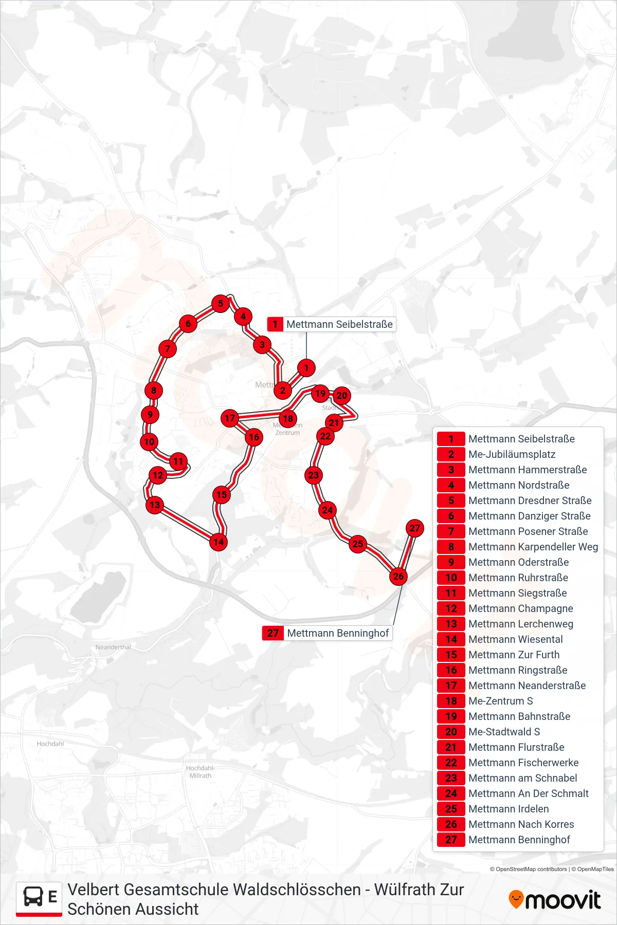 Linie E (Bus) Richtung Mettmann Benninghof: Route und Haltestellen auf der Karte