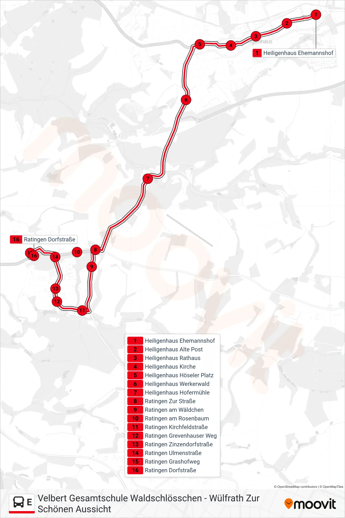 Linie E (Bus) Richtung Ratingen Dorfstraße: Route und Haltestellen auf der Karte