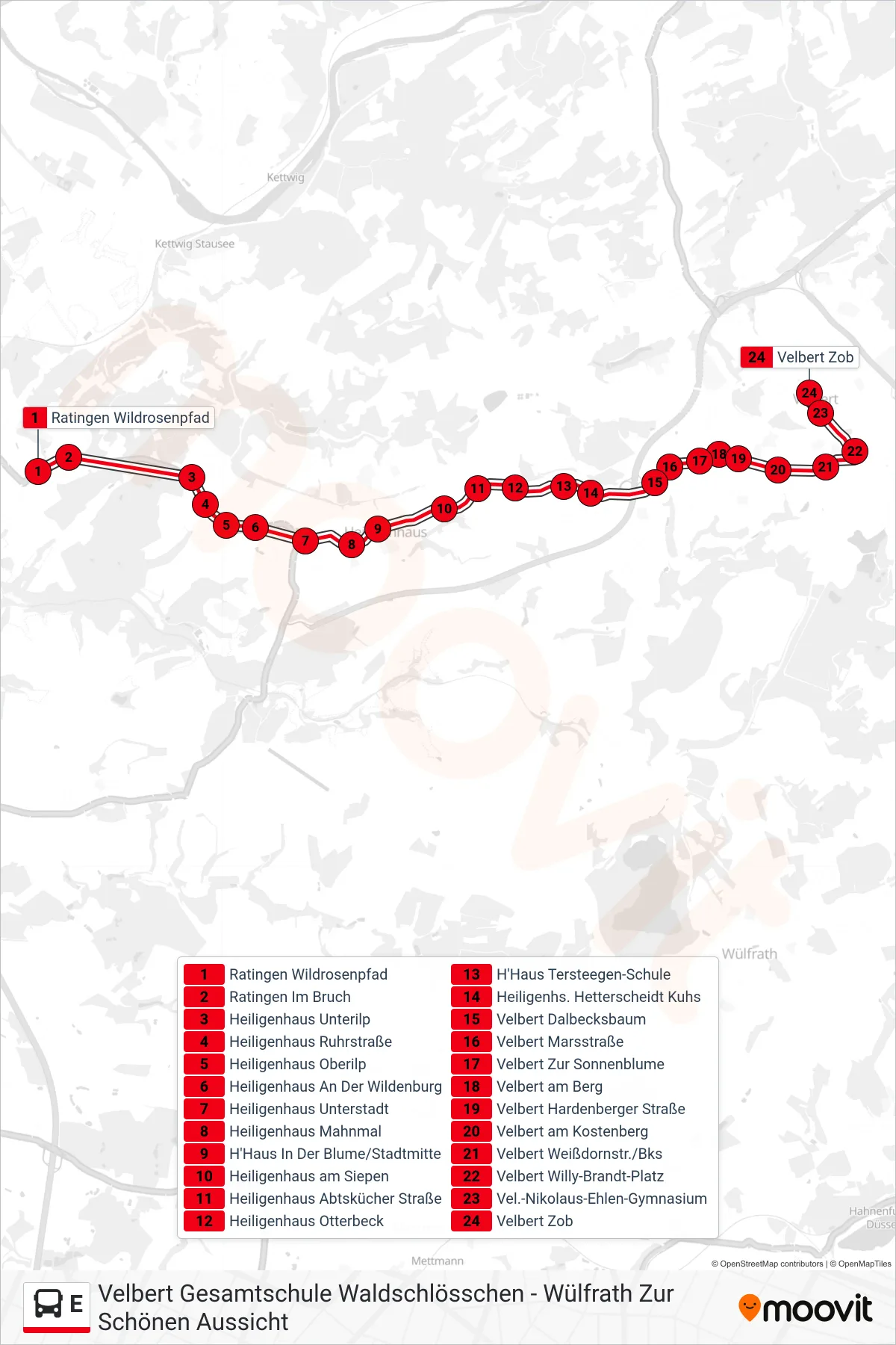 Linie E (Bus) Richtung Velbert Zob: Route und Haltestellen auf der Karte