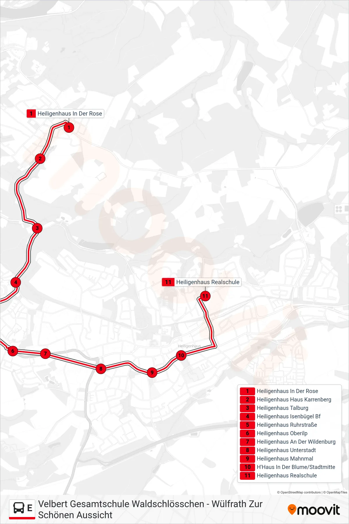 Linie E (Bus) Richtung Heiligenhaus Realschule: Route und Haltestellen auf der Karte