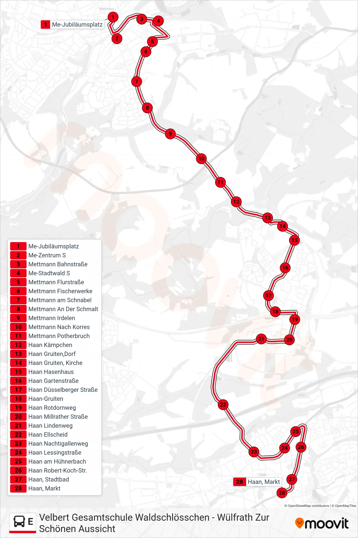 Linie E (Bus) Richtung Haan, Markt: Route und Haltestellen auf der Karte