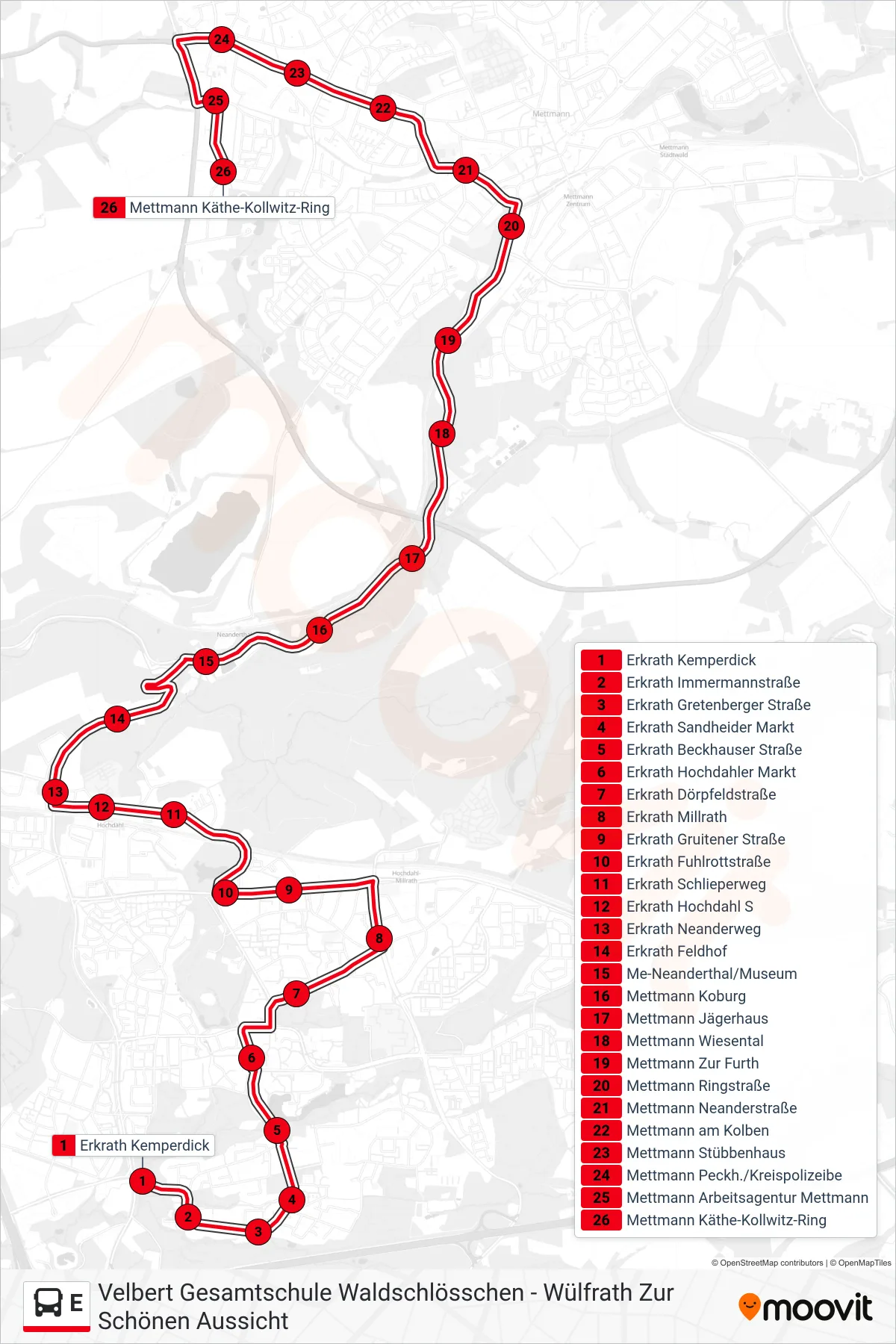 Linie E (Bus) Richtung Mettmann Käthe-Kollwitz-Ring: Route und Haltestellen auf der Karte