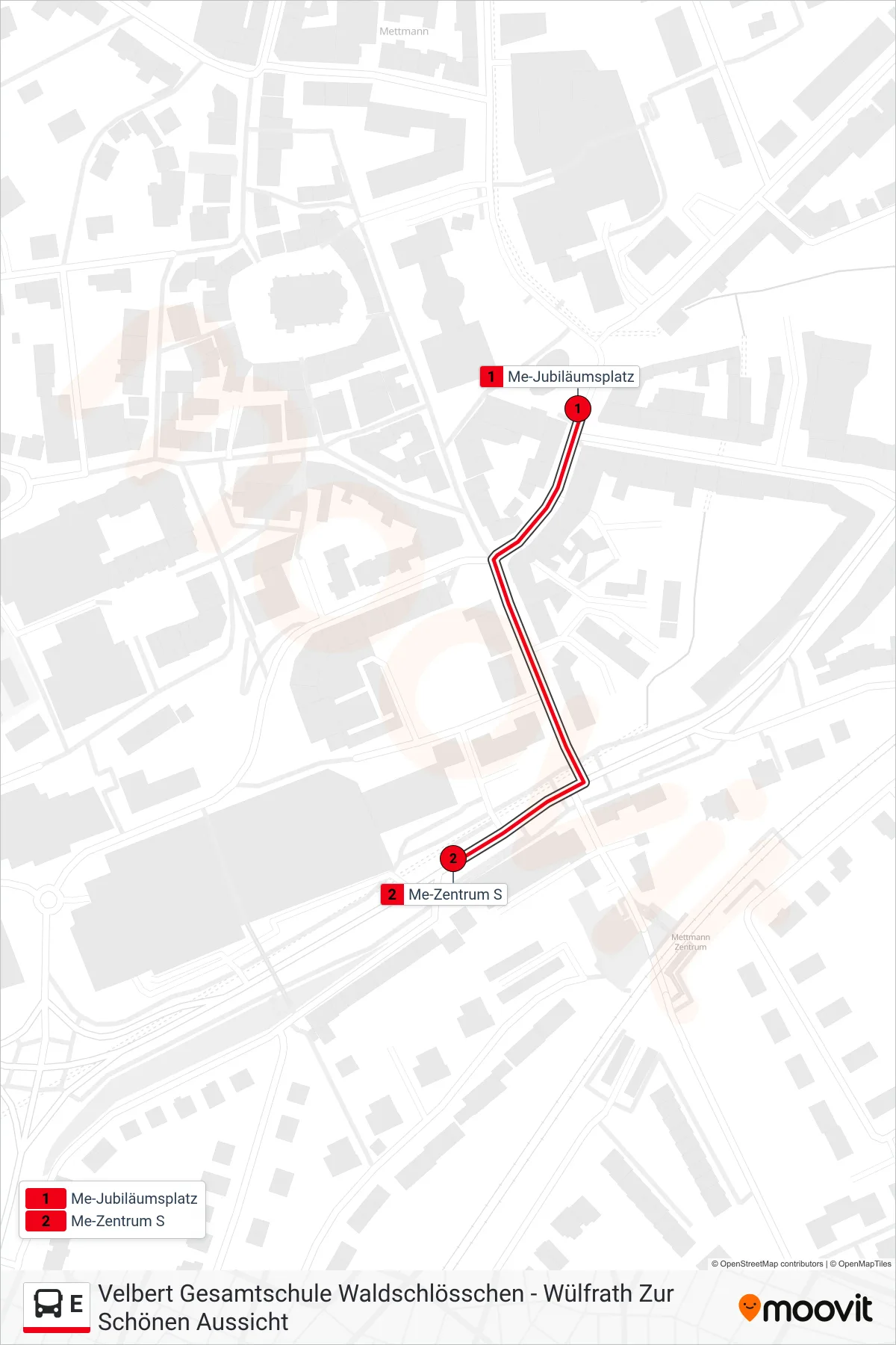 Linie E (Bus) Richtung Me-Zentrum S: Route und Haltestellen auf der Karte