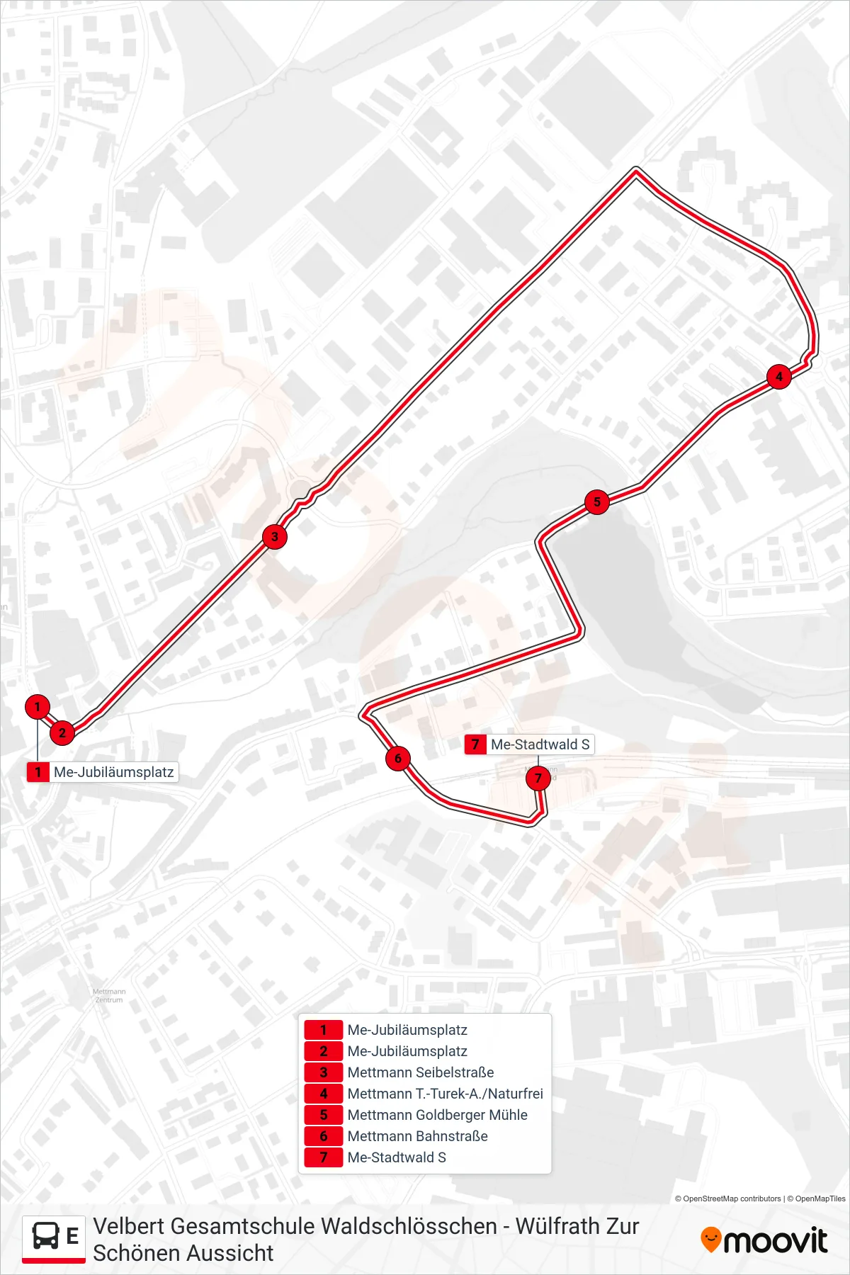 Linie E (Bus) Richtung Me-Stadtwald S: Route und Haltestellen auf der Karte