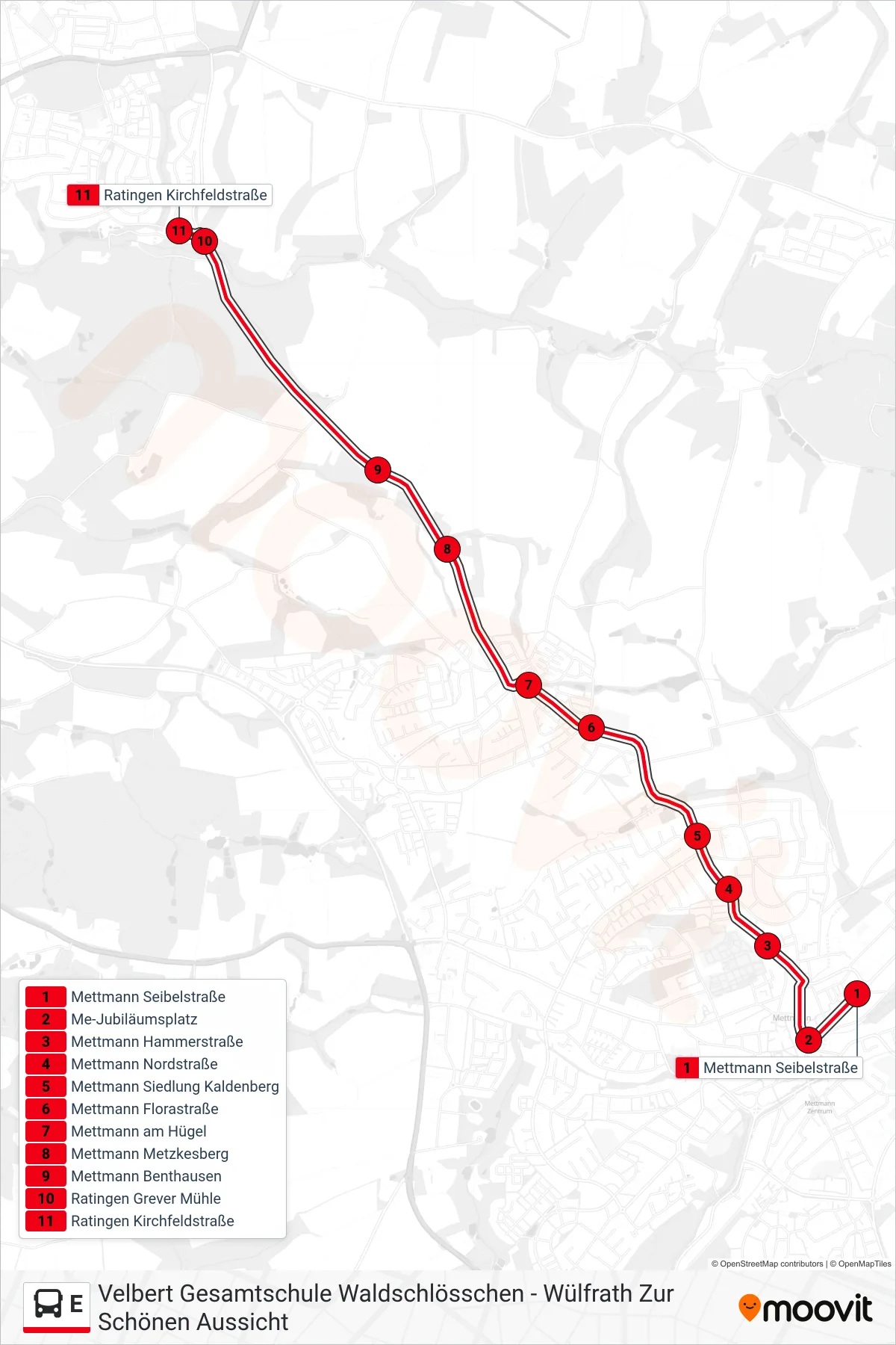 Linie E (Bus) Richtung Ratingen Kirchfeldstraße: Route und Haltestellen auf der Karte