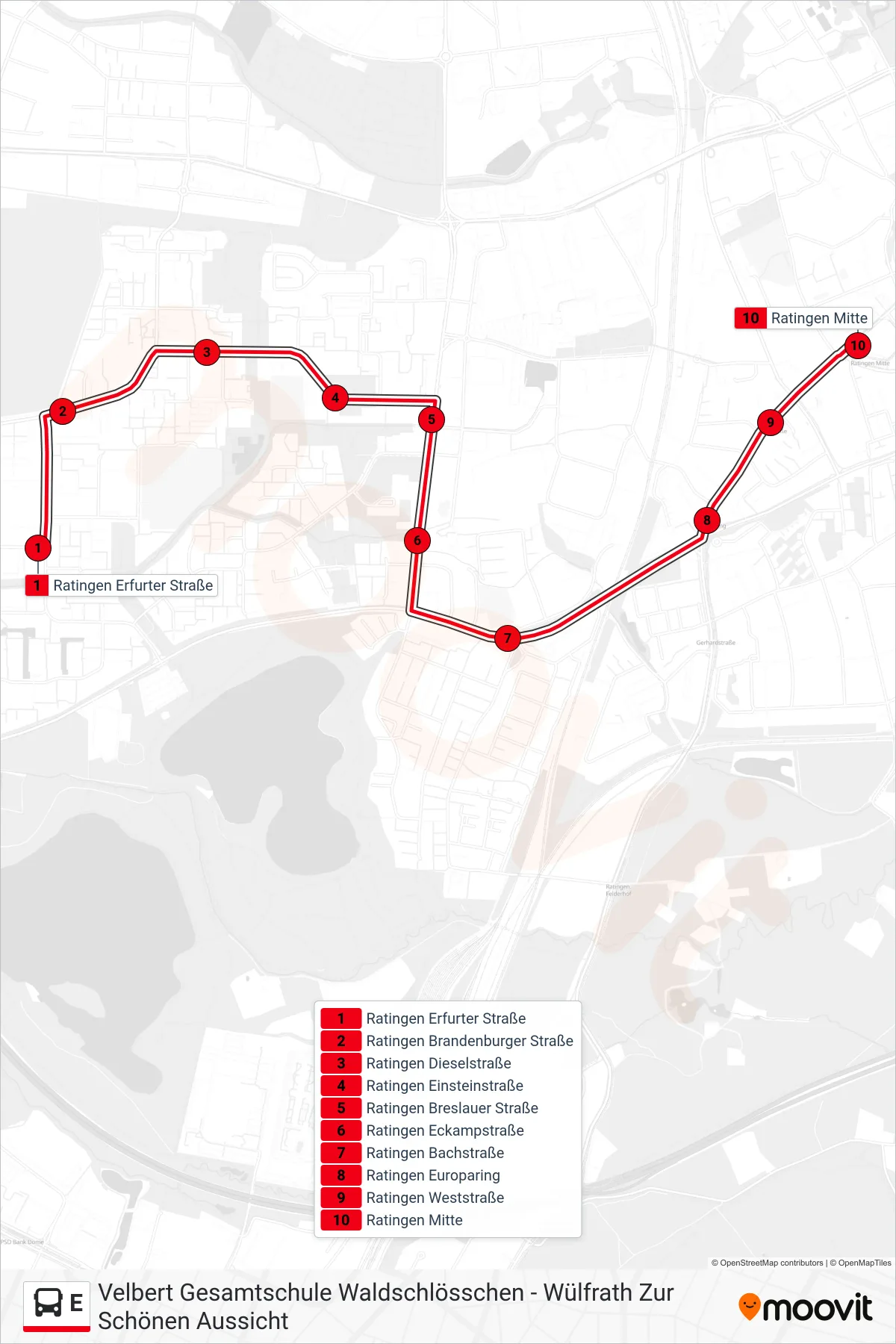 Linie E (Bus) Richtung Ratingen Mitte: Route und Haltestellen auf der Karte